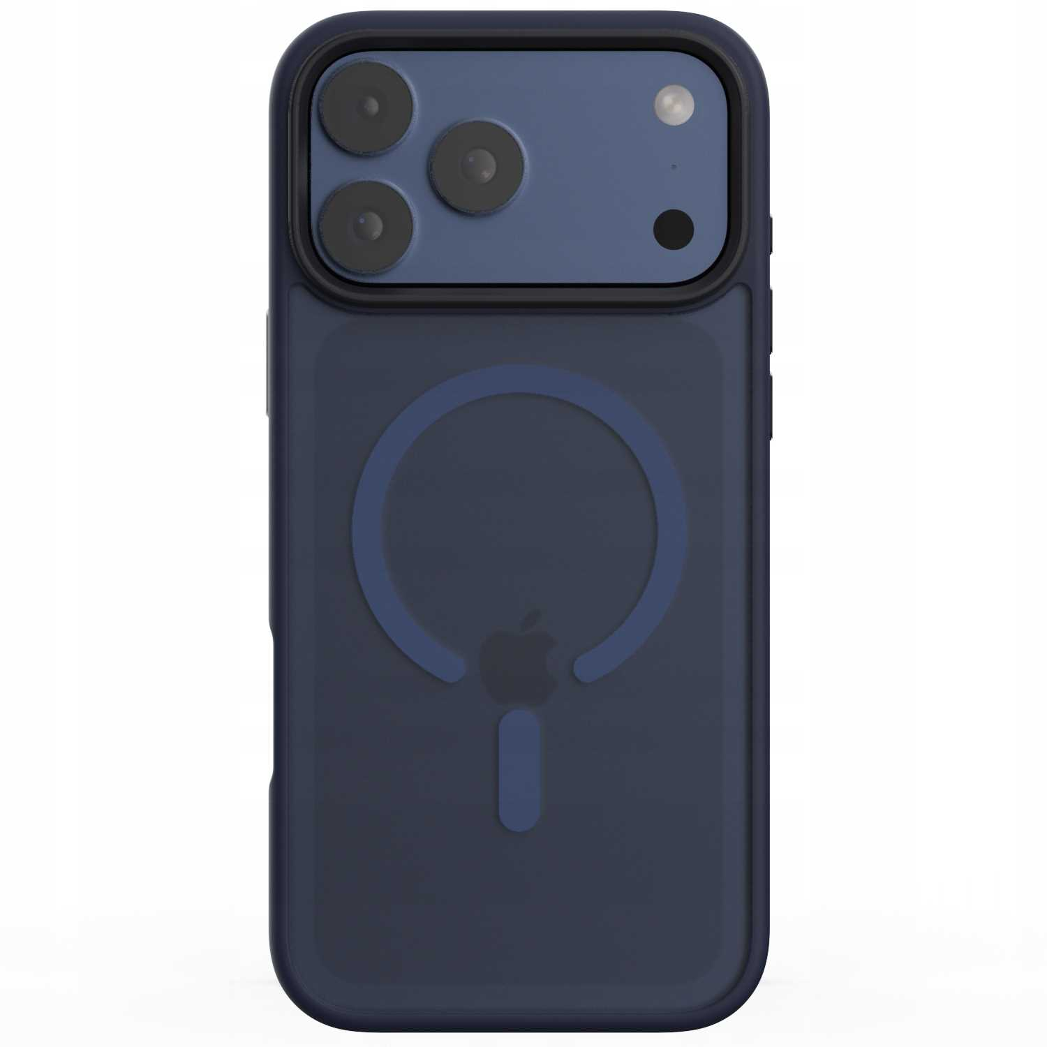 Ciemnoniebieskie etui na telefon. Ma okrągły i pionowy wzór linii. Na górze znajdują się trzy obiektywy aparatu i logo jabłka.