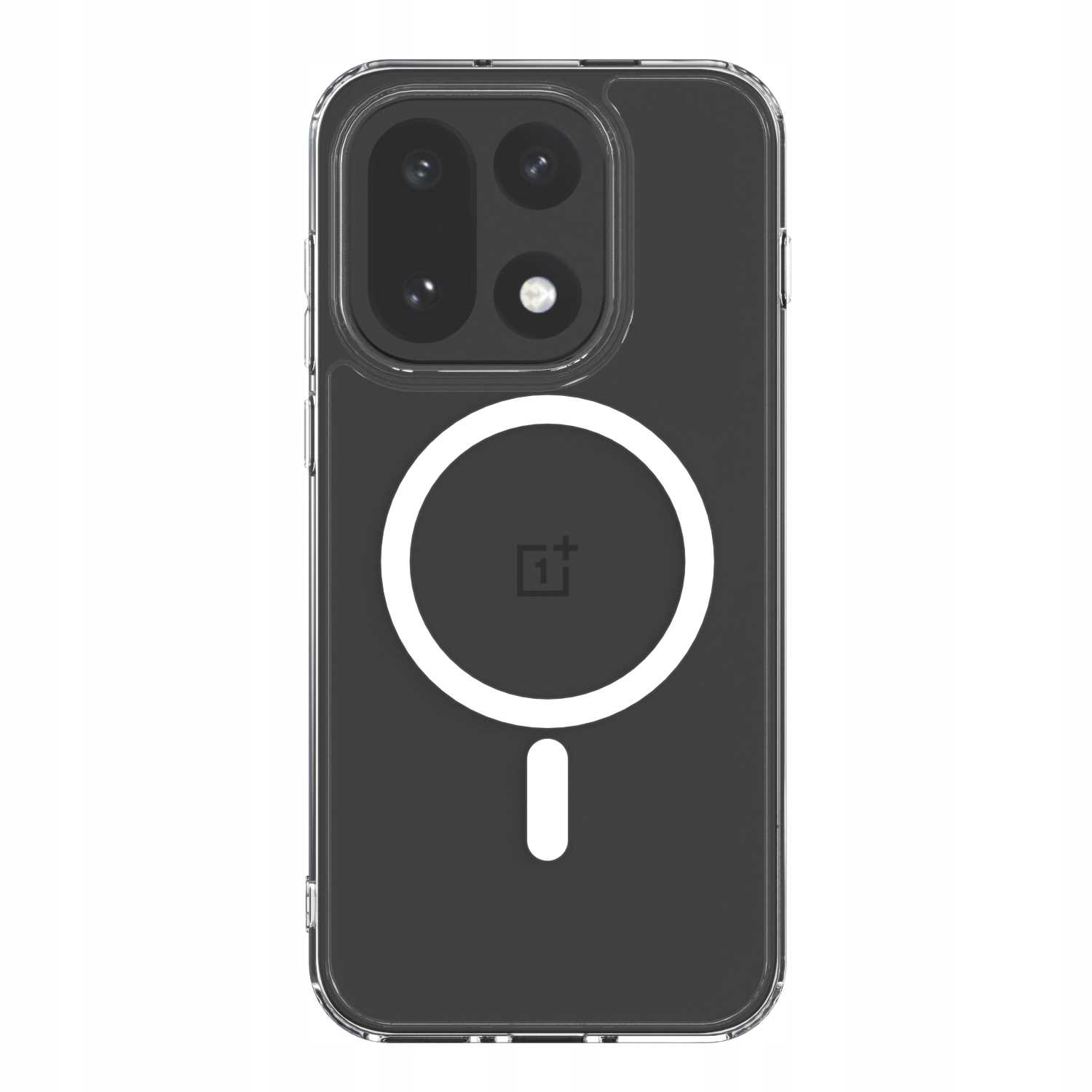 Przezroczyste etui na telefon. Czarne wnętrze z wycięciami na aparat i białym okrągłym wzorem. Widoczne logo OnePlus.
