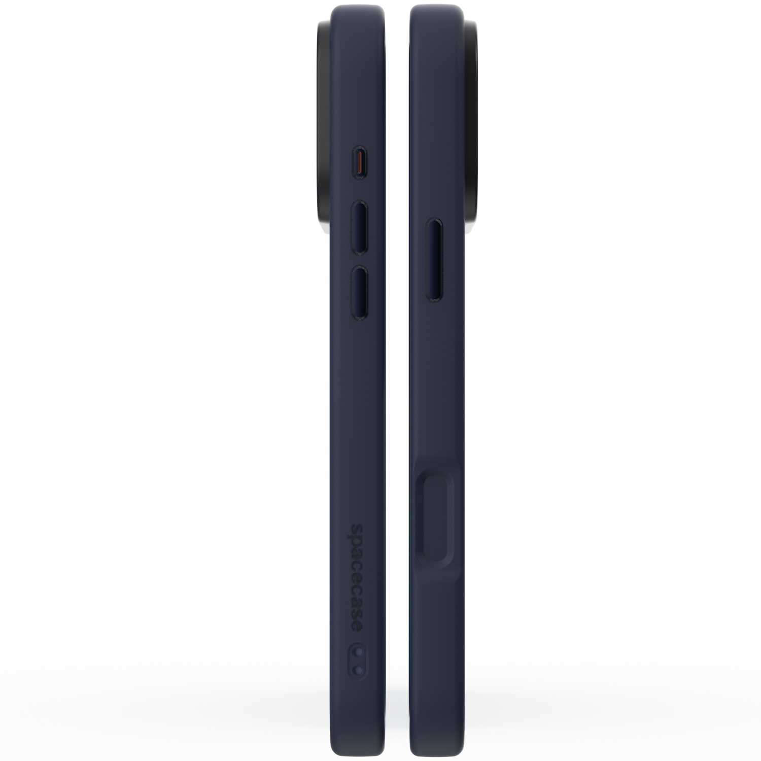 Dwa granatowe etui na telefon obok siebie. Jeden pokazuje stronę z przyciskami, drugi regulację głośności. Tło jest białe.