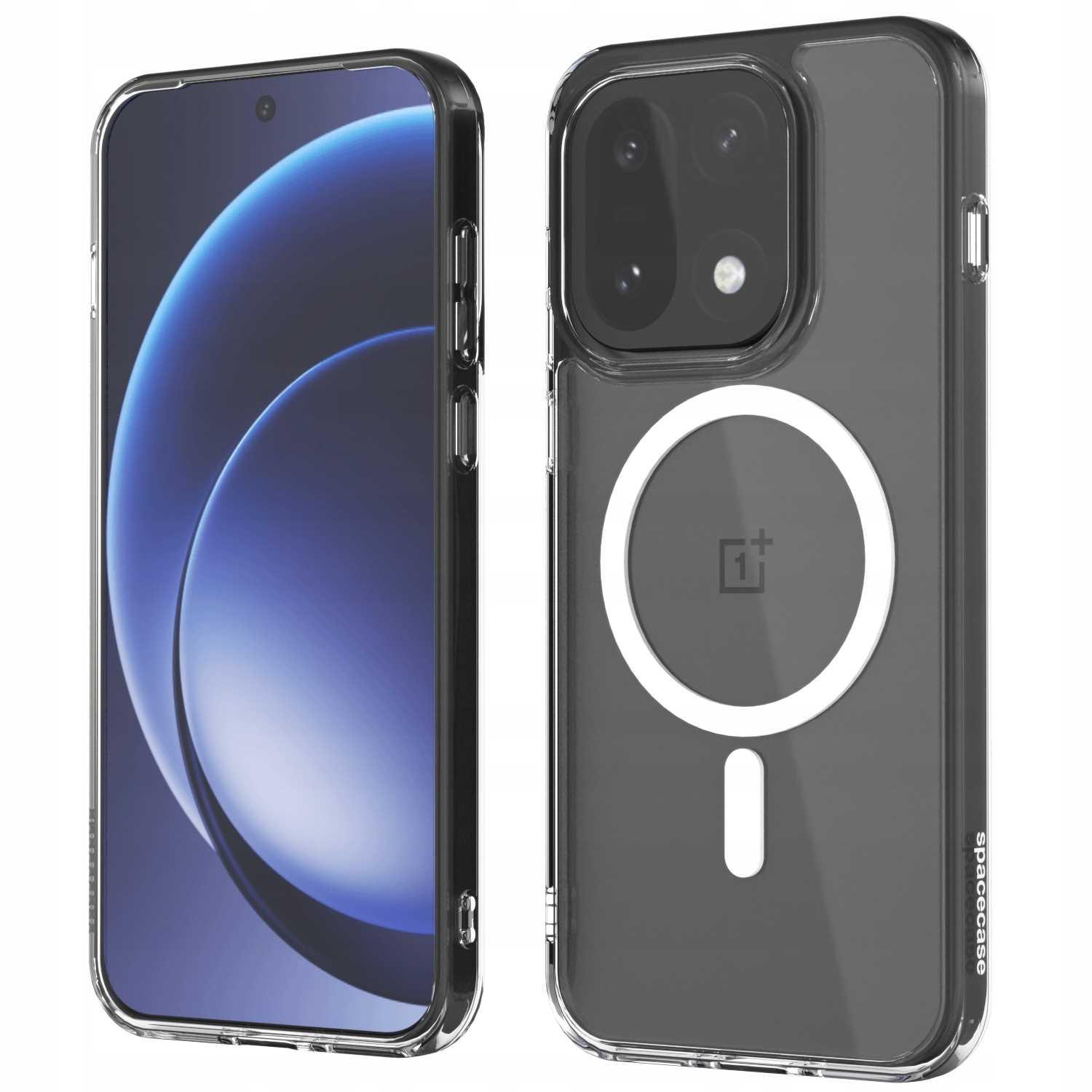 Dwa etui na telefony, jedno z telefonem w środku. Etui są przezroczyste, a ekrany mają ciemnoniebieskie tło.