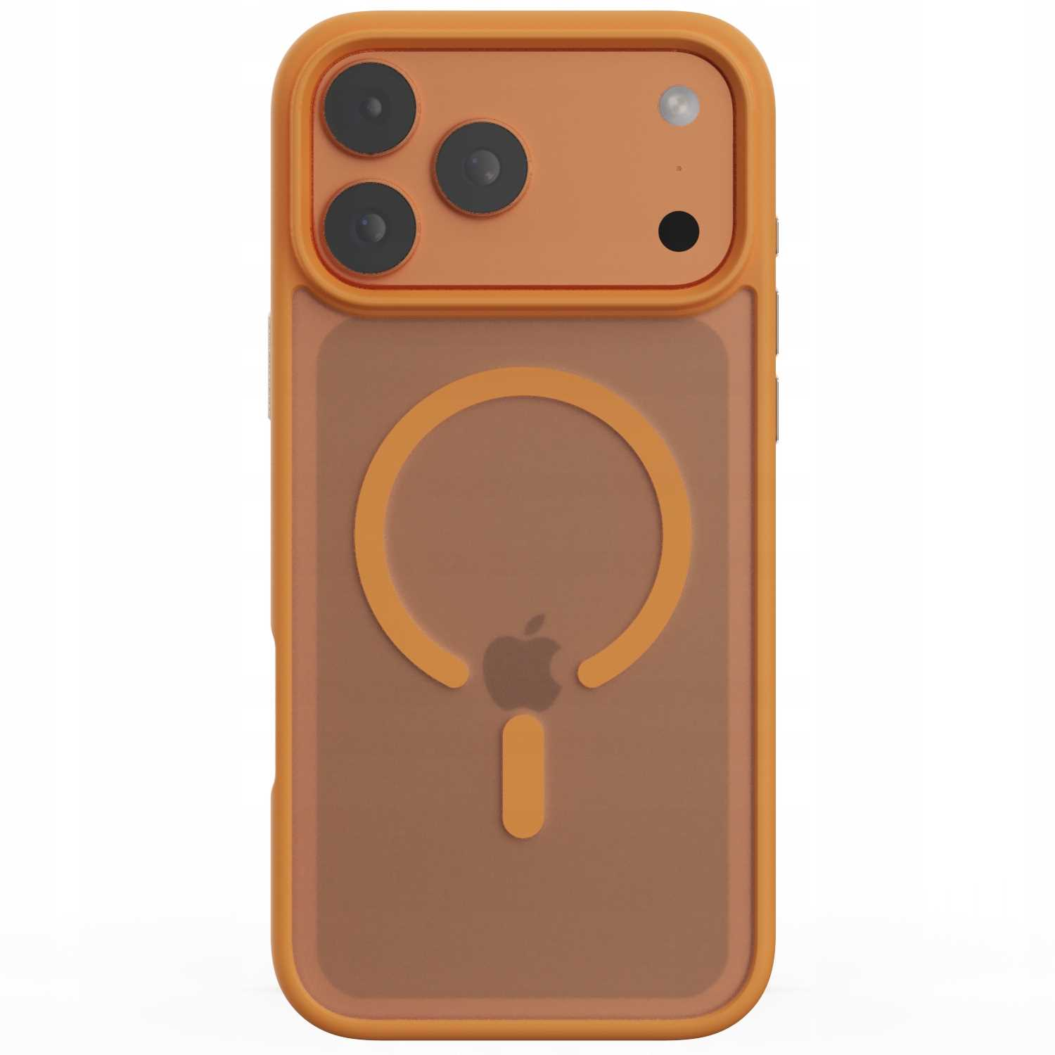 Pomarańczowe etui na telefon z wycięciami na aparat i logo Apple. Etui jest przezroczyste z brązowym środkiem.