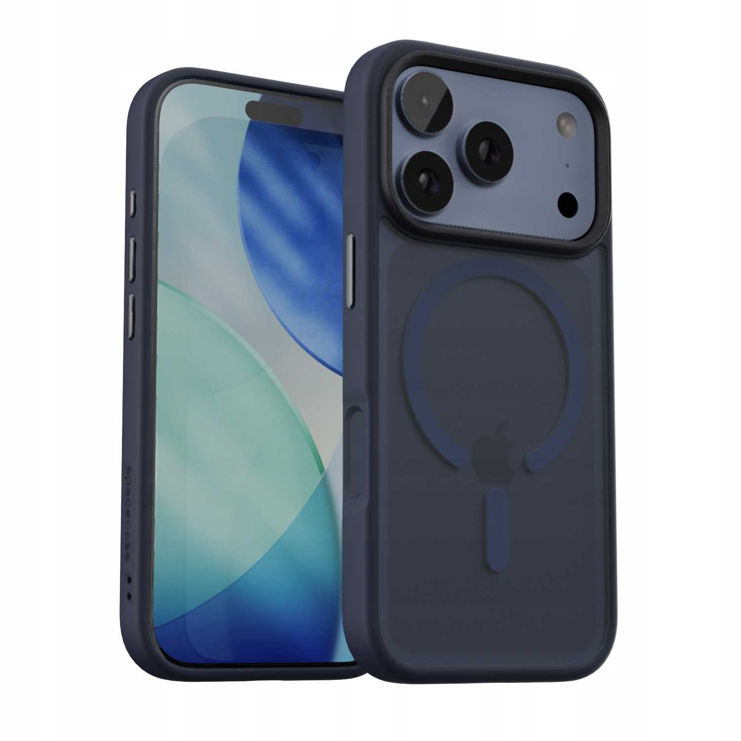 Dwa granatowe etui na iPhone'a. Jedno z telefonem w środku, drugie osobno. Oba mają wyraźne logo Apple.