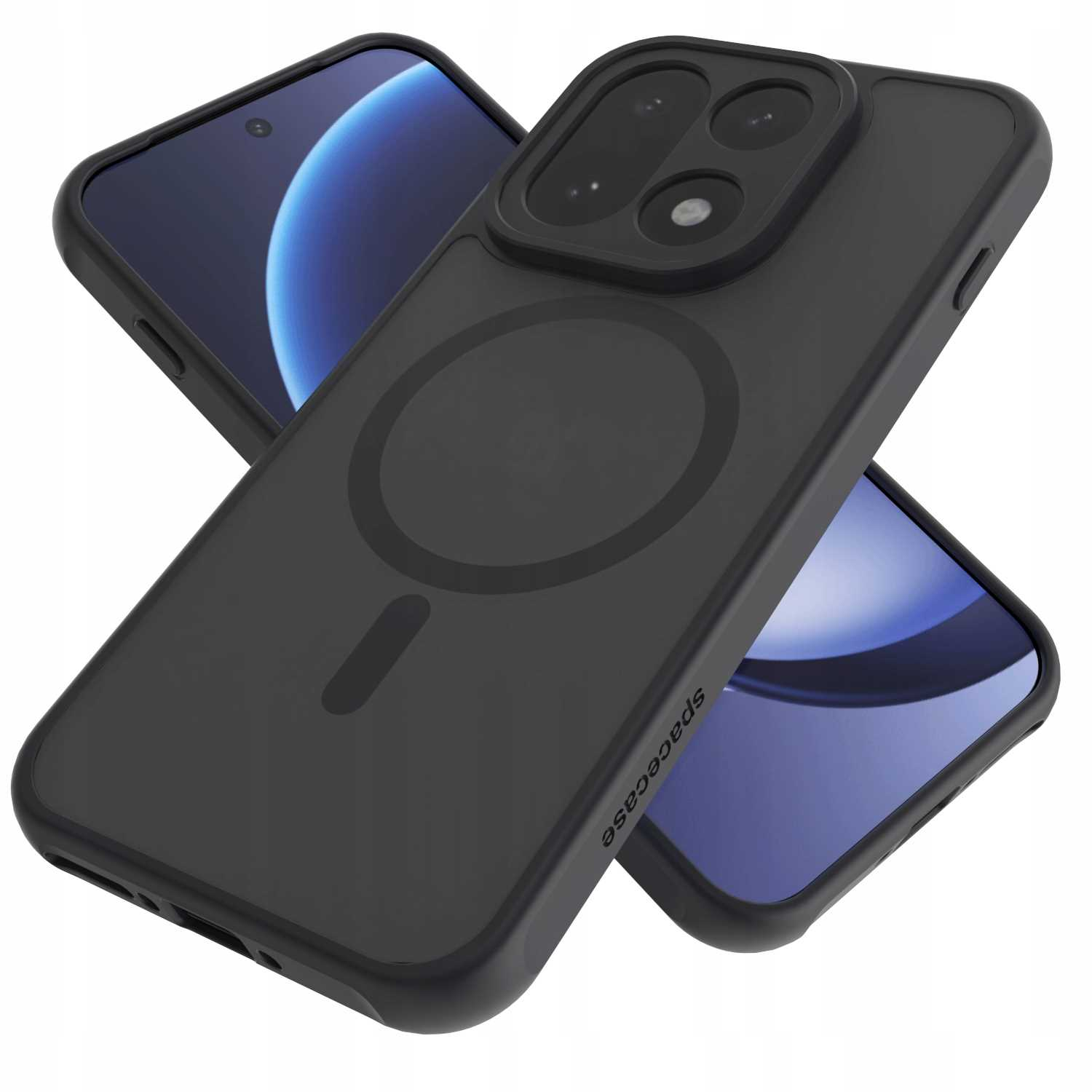 Czarne etui na telefony z telefonami w środku. Jedno etui ma okrągły wzór. Słowo 'spacecase' jest z boku.