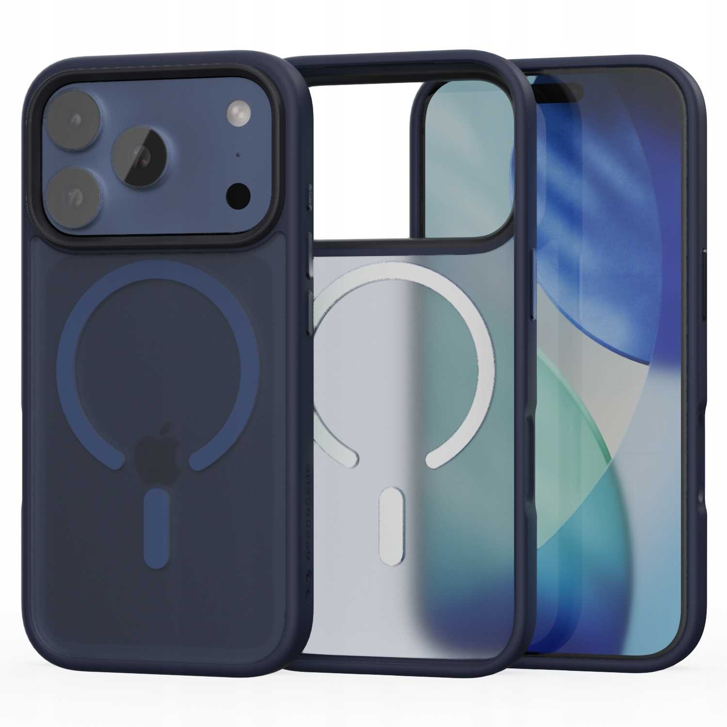 Trzy etui na telefon: jedno niebieskie, dwa przezroczyste. Jedno etui ma niebieski tył z otworami na aparat. iPhone w etui.