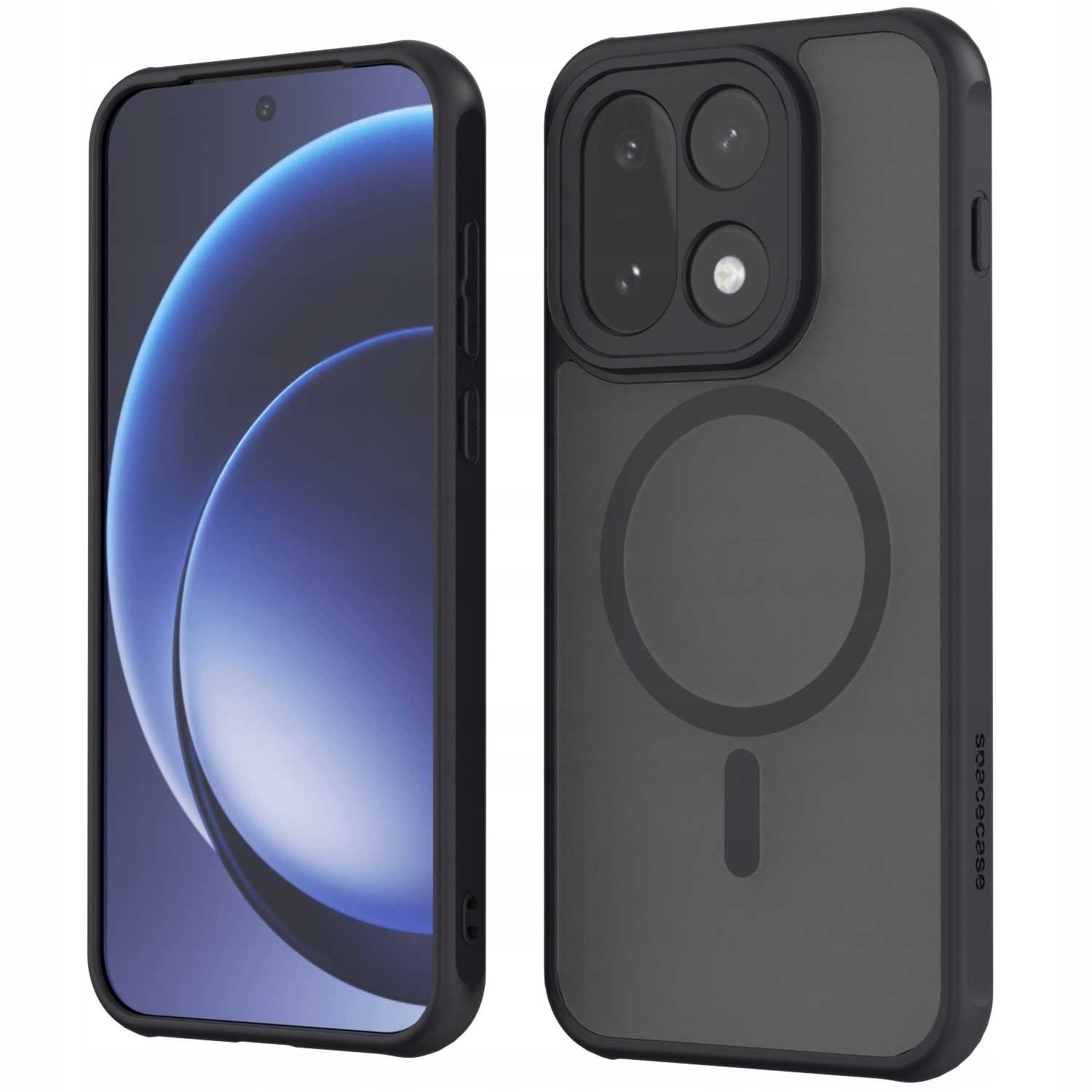 Dwa czarne etui na telefon. Jedno pokazuje ekran telefonu z niebieskim wzorem. Drugie ma wycięcia na aparat i okrągły wzór.