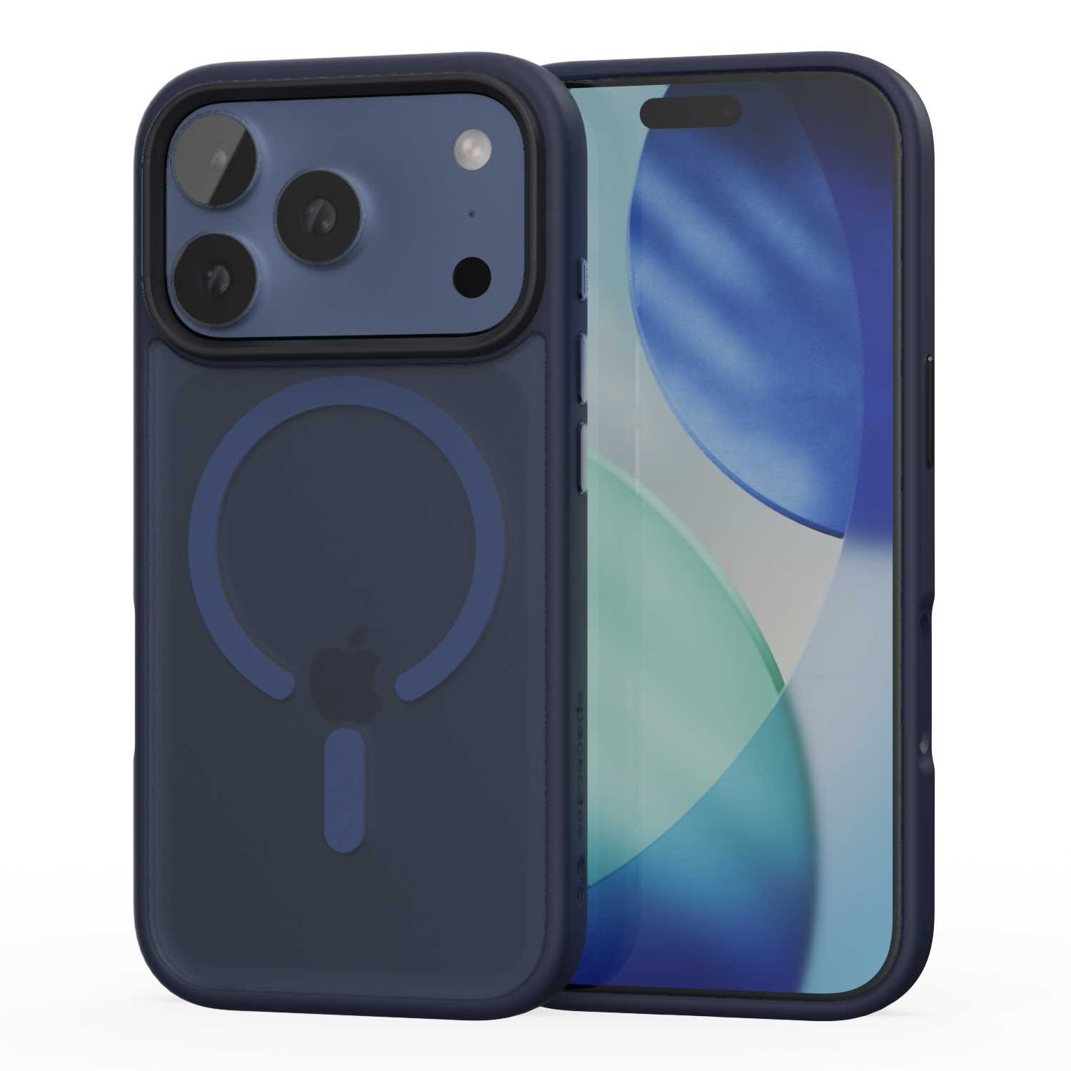 Ciemnoniebieski iPhone w etui ochronnym. Etui ma pierścień magnetyczny i logo Apple. Ekran telefonu jest widoczny.