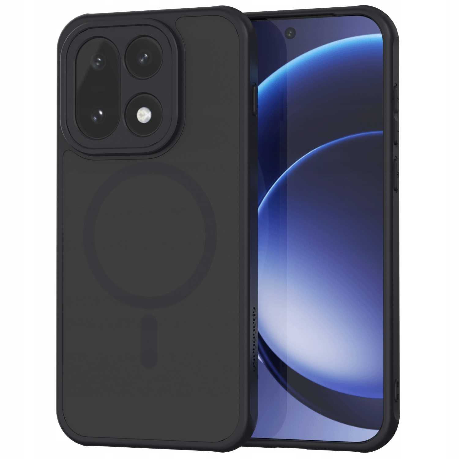 Czarny telefon z etui ochronnym. Etui ma wycięcie na aparat z trzema obiektywami i pierścieniem magnetycznym.