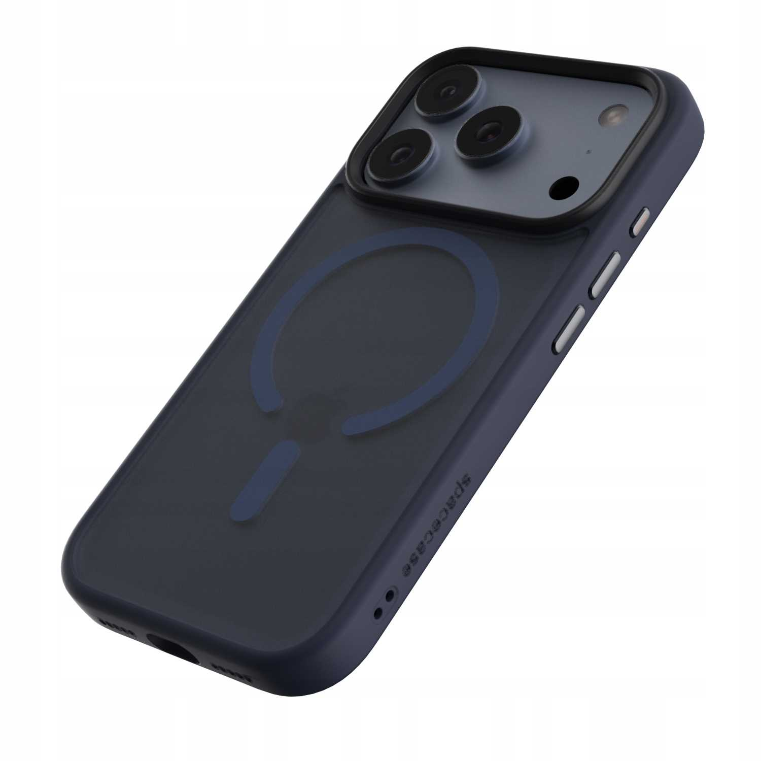 Ciemnoniebieskie etui na telefon. Etui ma przezroczysty tył z niebieskim pierścieniem i ciemnoniebieską obwódką. Widoczne są trzy obiektywy.