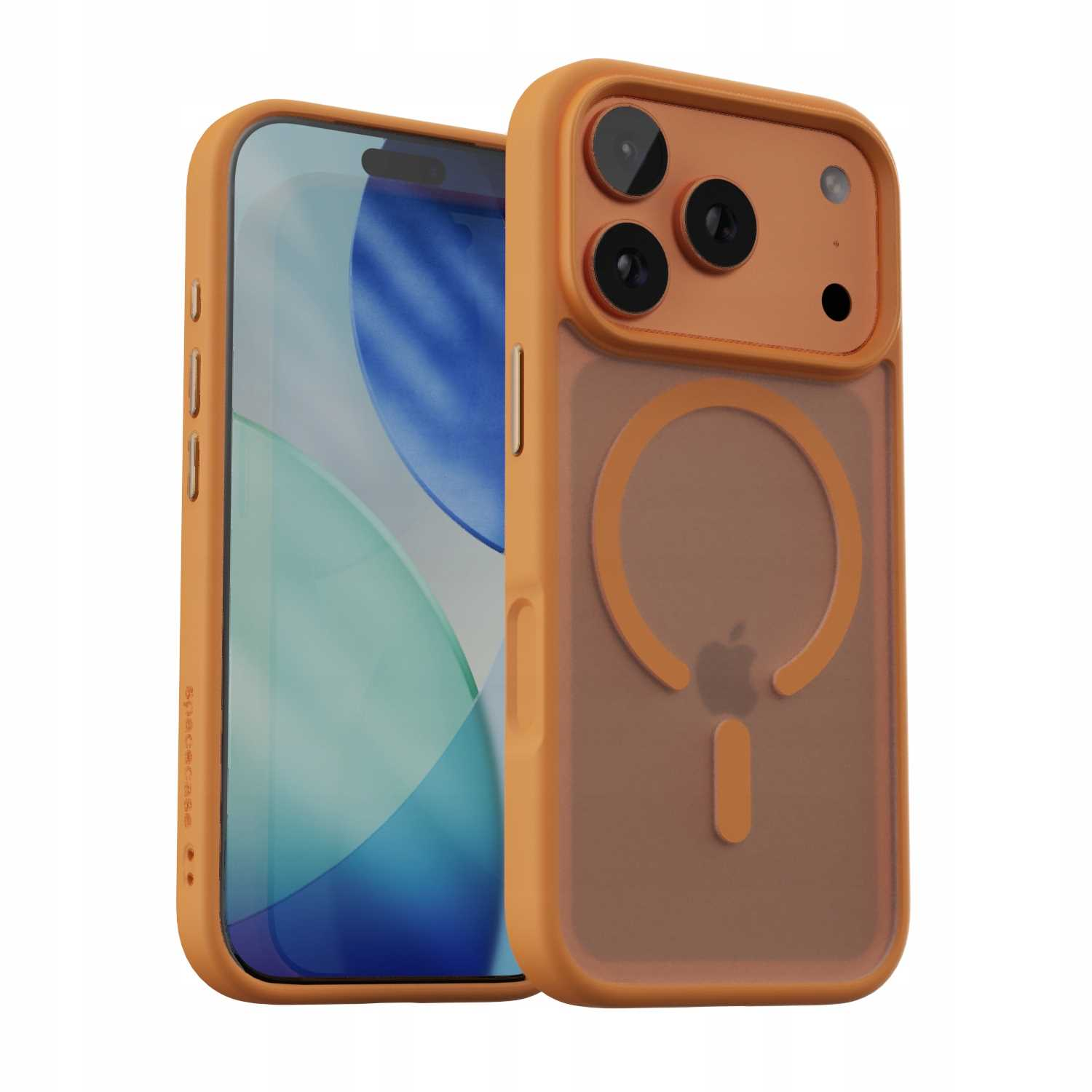 Pomarańczowe etui na telefon z przezroczystym tyłem i czarnymi soczewkami aparatu, z logo Apple.