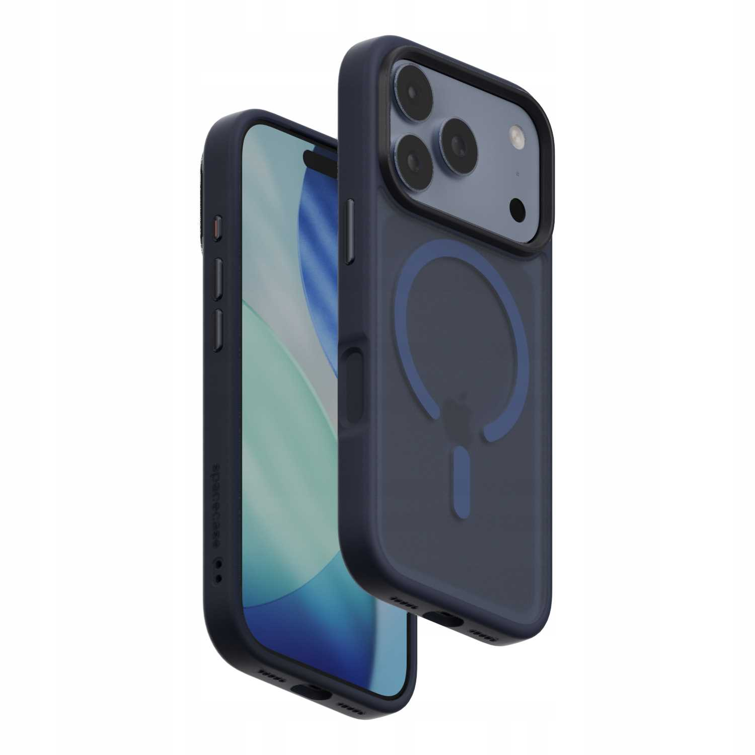 Dwa ciemnoniebieskie etui na iPhone'a. Jedno jest otwarte, pokazując ekran. Drugie ma widoczny tył, z aparatem i magnetycznym kołem.