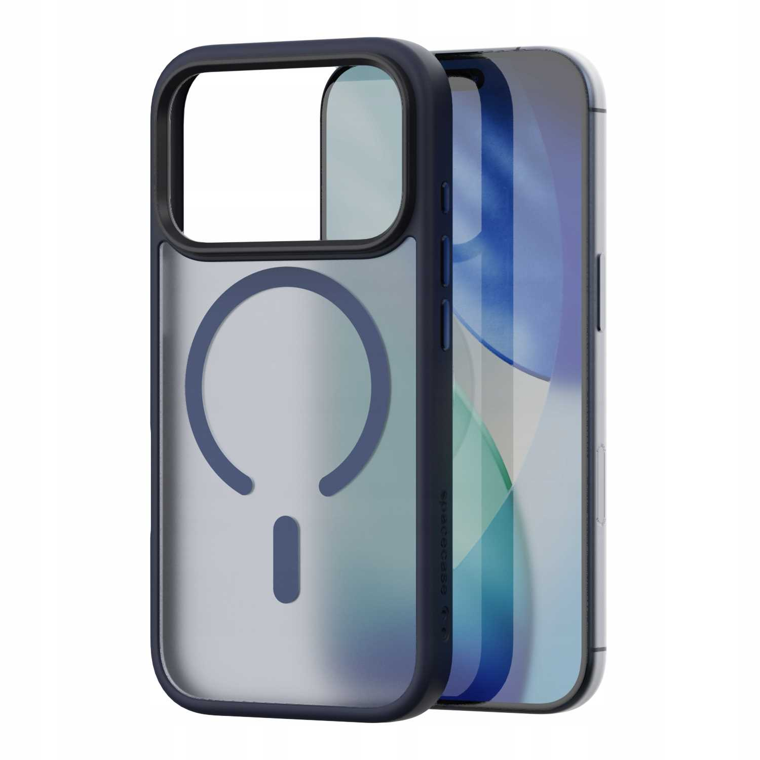 iPhone z granatowym etui ochronnym. Etui ma przezroczysty tył z niebieskim okrągłym wzorem.