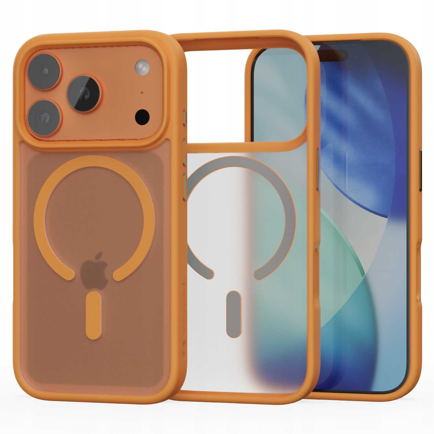 Pomarańczowe etui na telefon z trzema obiektywami, logo Apple i przezroczystą ramką.