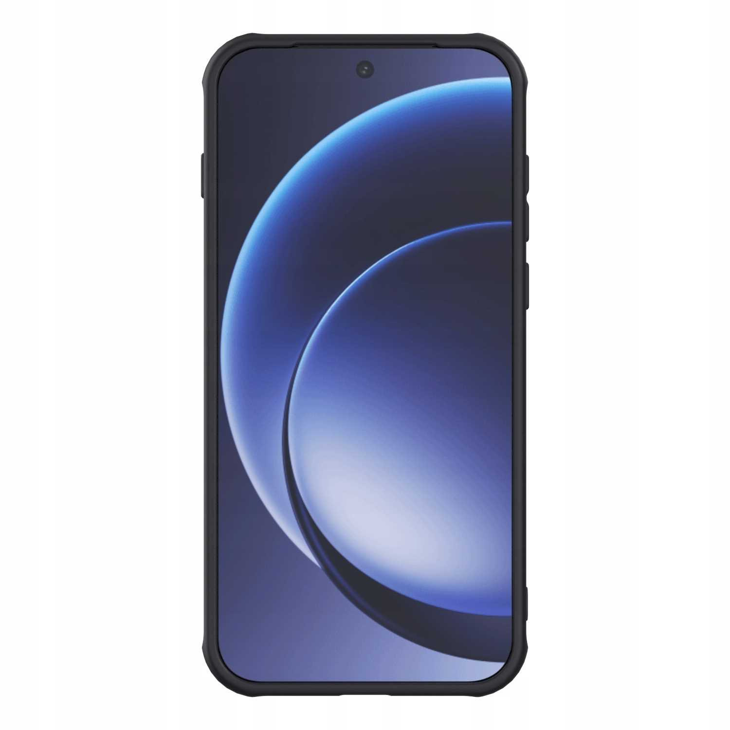 Smartfon w czarnym etui. Ekran wyświetla abstrakcyjny wzór w kolorze granatowym i białym.