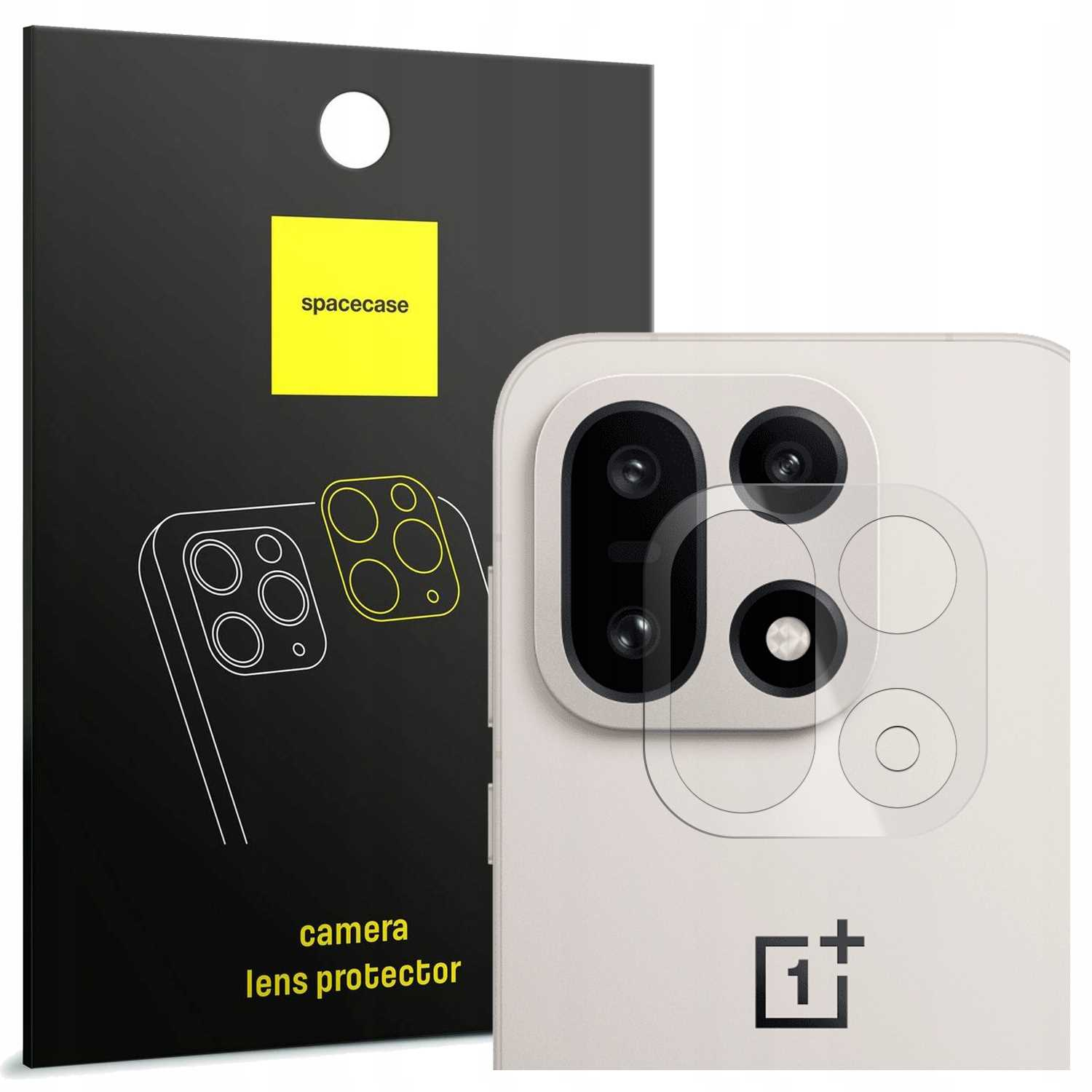 Telefon z osłoną obiektywu aparatu. Czarne pudełko z napisem 'spacecase' i 'camera lens protector'. Telefon w kolorze białym z czarnym aparatem.