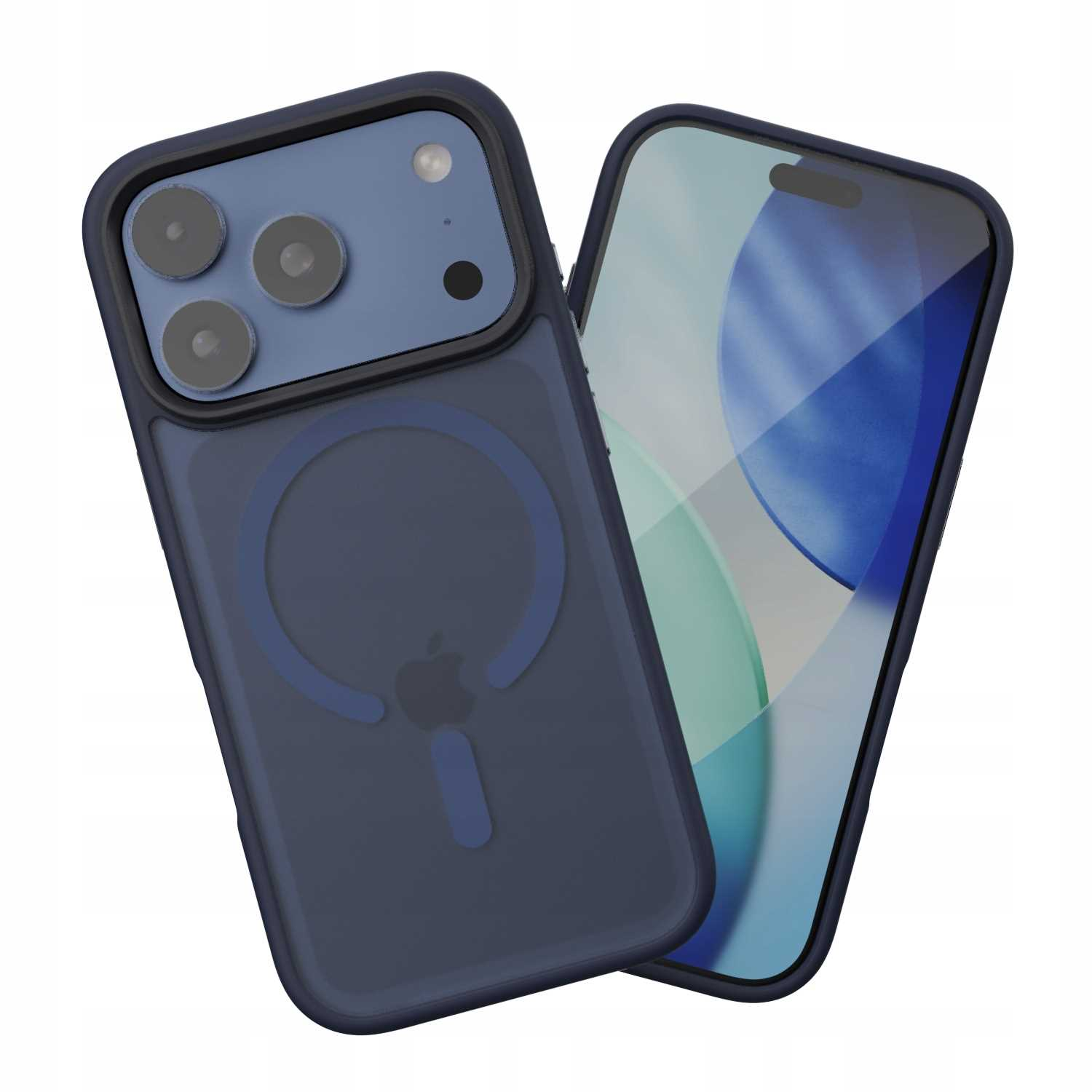 Dwa niebieskie etui na telefon, jedno z iPhonem w środku. Każde etui ma wycięcia na aparat i okrągły wzór z tyłu.