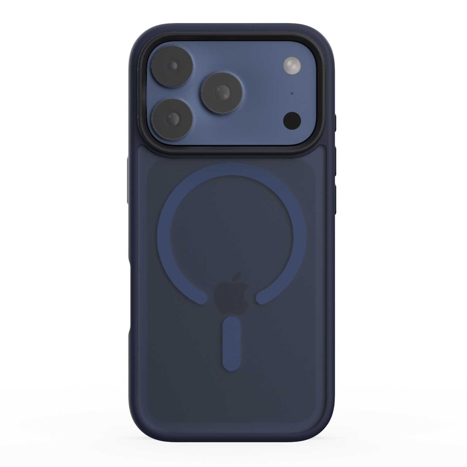Ciemnoniebieskie etui na iPhone'a z czarną obwódką. Ma wycięcia na aparat i kształt logo Apple.