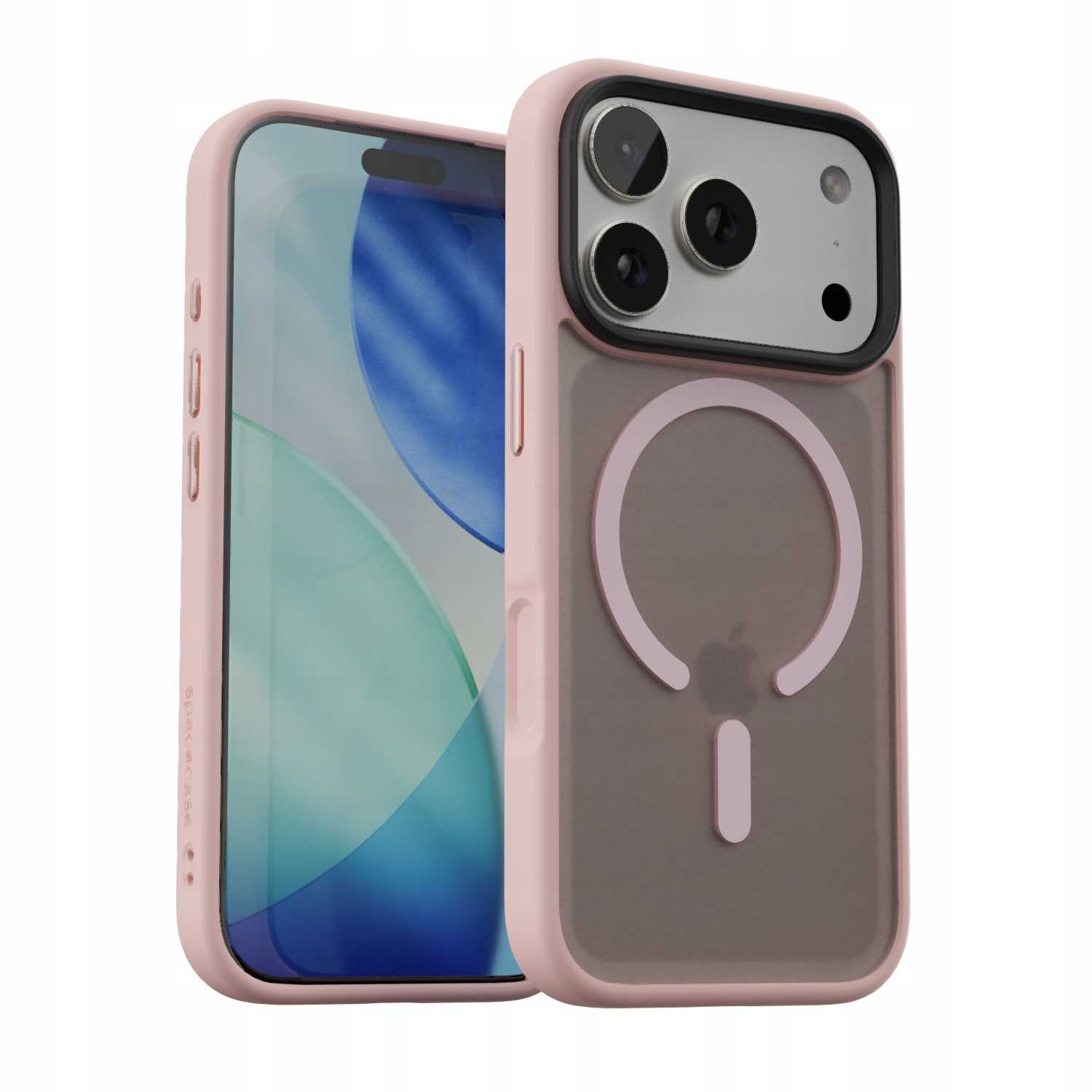 Różowe etui na telefon z przezroczystym tyłem i różowym pierścieniem wokół aparatu. iPhone jest w etui, wyświetlając ekran.