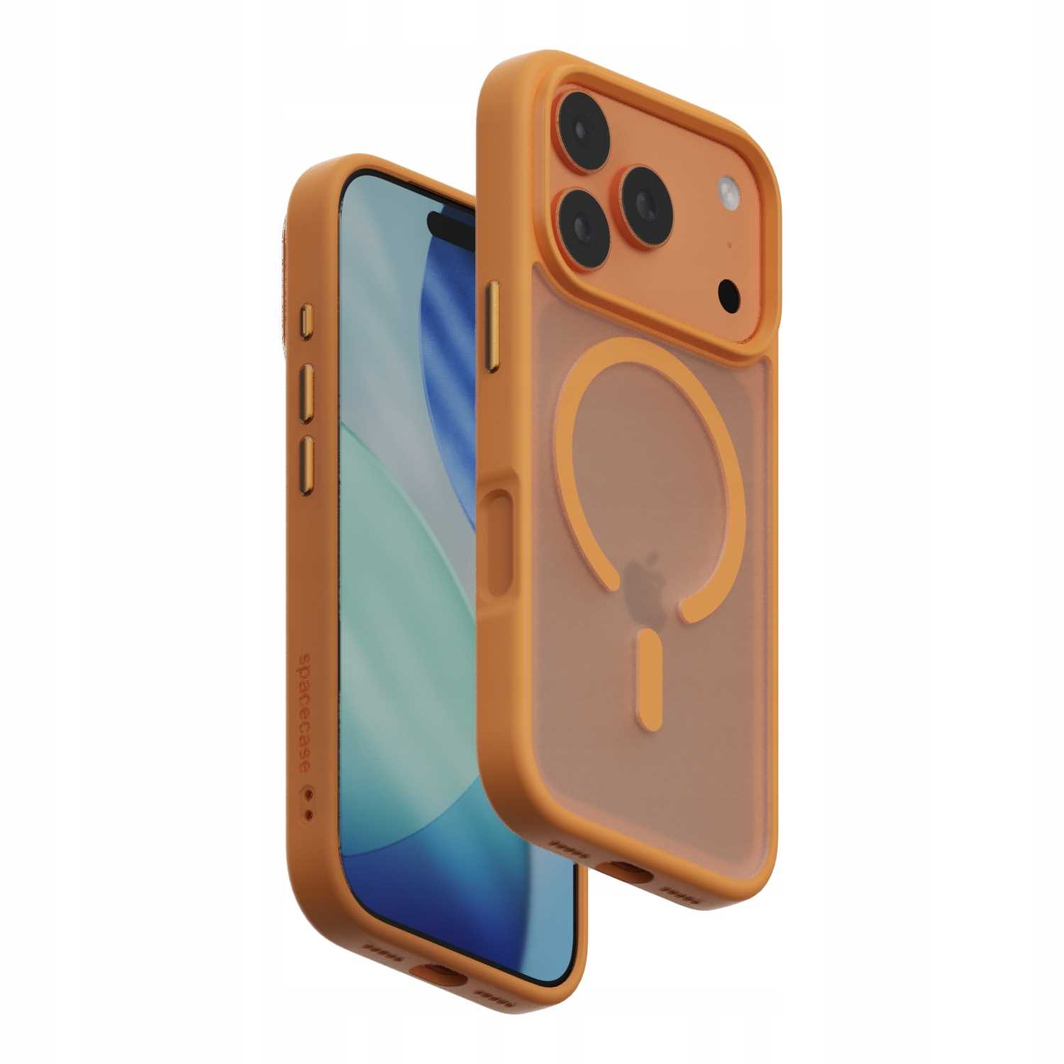 Pomarańczowe etui na iPhone'a, z widocznym ekranem telefonu. Etui ma przezroczysty tył z pierścieniem magnetycznym i wycięciami na aparat.