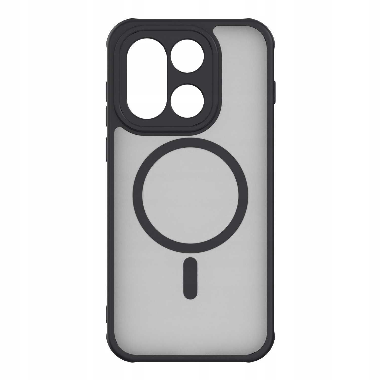 Etui na telefon z czarną ramką i przezroczystym tyłem. Ma wycięcia na aparat i okrągły wzór MagSafe.