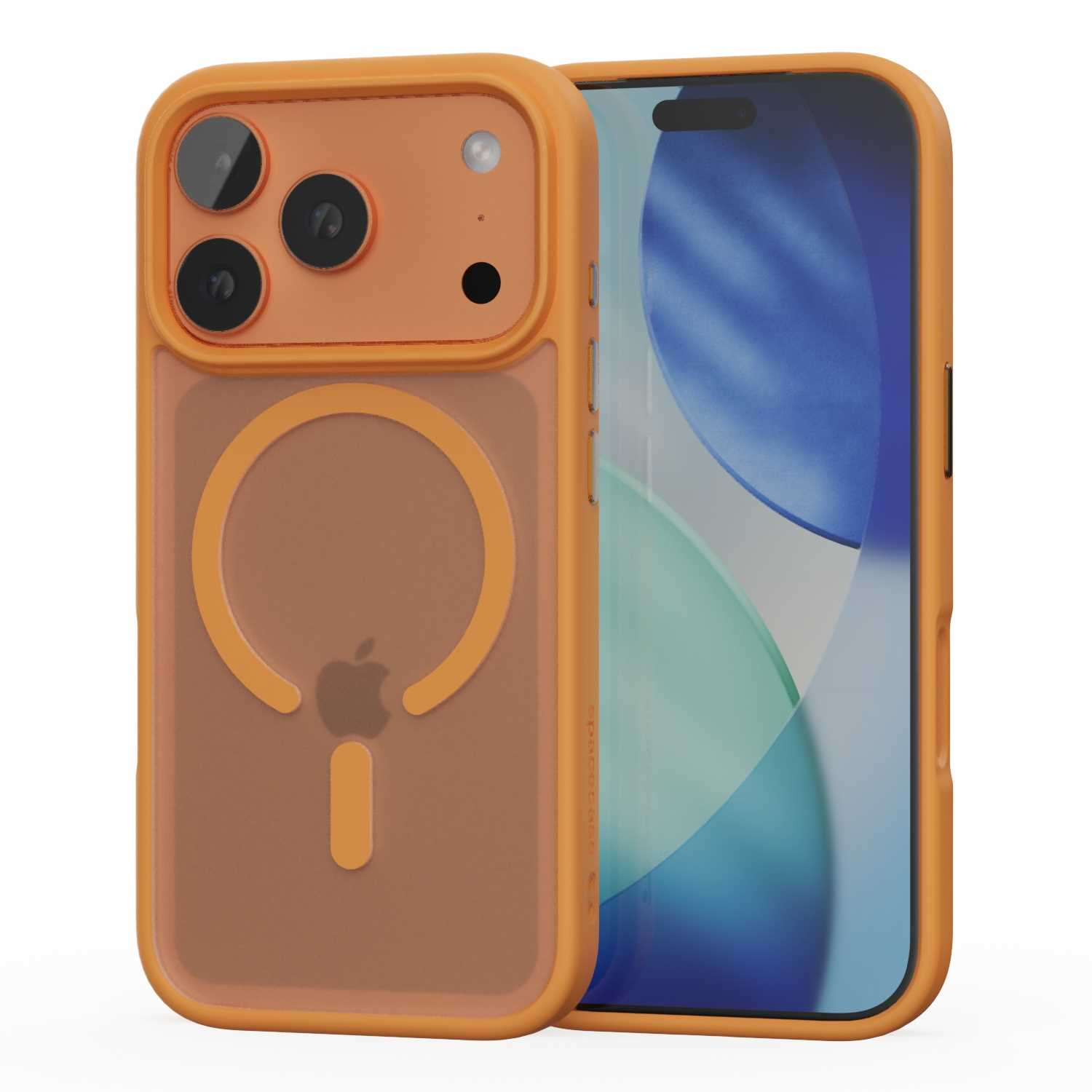Pomarańczowe etui na iPhone'a z przezroczystym tyłem i wybrzuszeniem na aparat. Ekran wyświetla odcienie niebieskiego i zielonego.