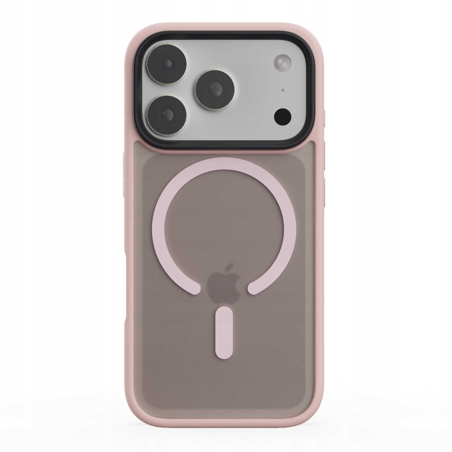 Różowe etui na telefon z przezroczystym tyłem, różowym pierścieniem i szarym logo Apple. Obszar aparatu jest czarny z trzema soczewkami.