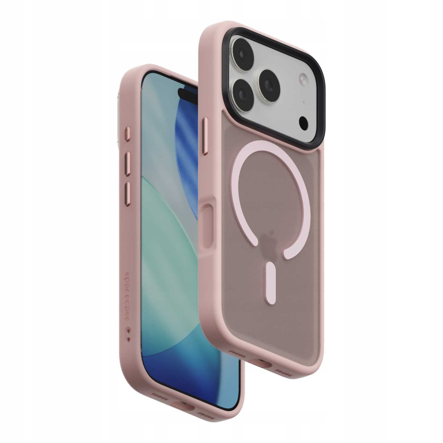 Różowe etui na telefon z przezroczystym tyłem. Etui jest otwarte, pokazując ekran telefonu. Etui ma magnetyczne koło.