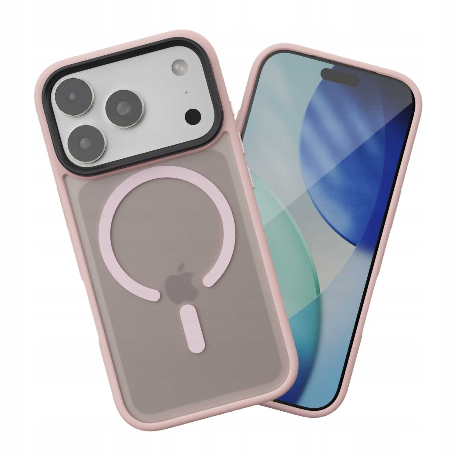 Dwa różowe etui na telefon, jedno z iPhonem w środku. Etui są przezroczyste i pokazują design telefonu.