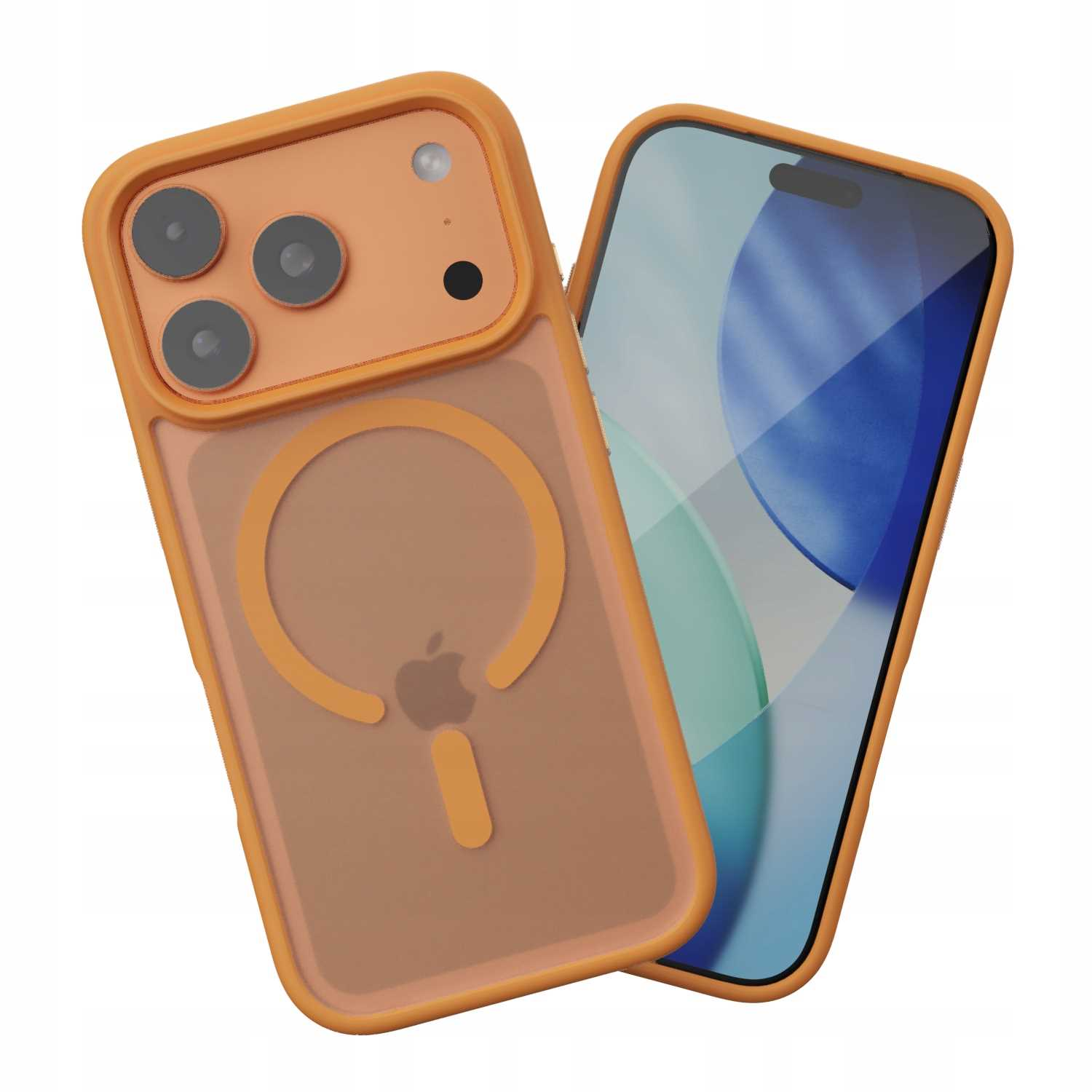 Pomarańczowe etui na telefon z iPhonem w środku. Etui ma wycięcie na aparat i pierścień MagSafe. Ekran iPhone'a wyświetla niebieski.
