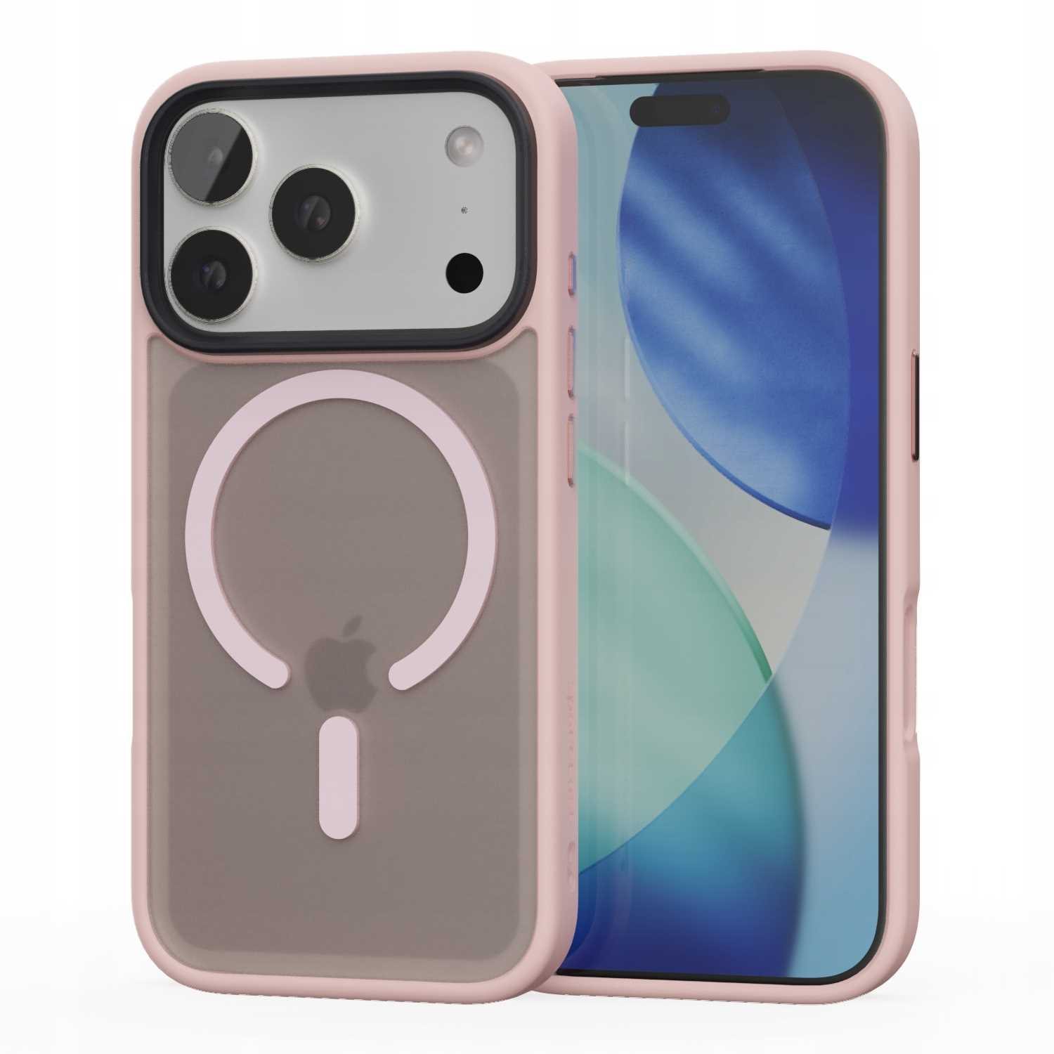 Różowe etui na telefon z przezroczystym tyłem. Telefon w środku. Logo Apple z tyłu. Trzy obiektywy aparatu.
