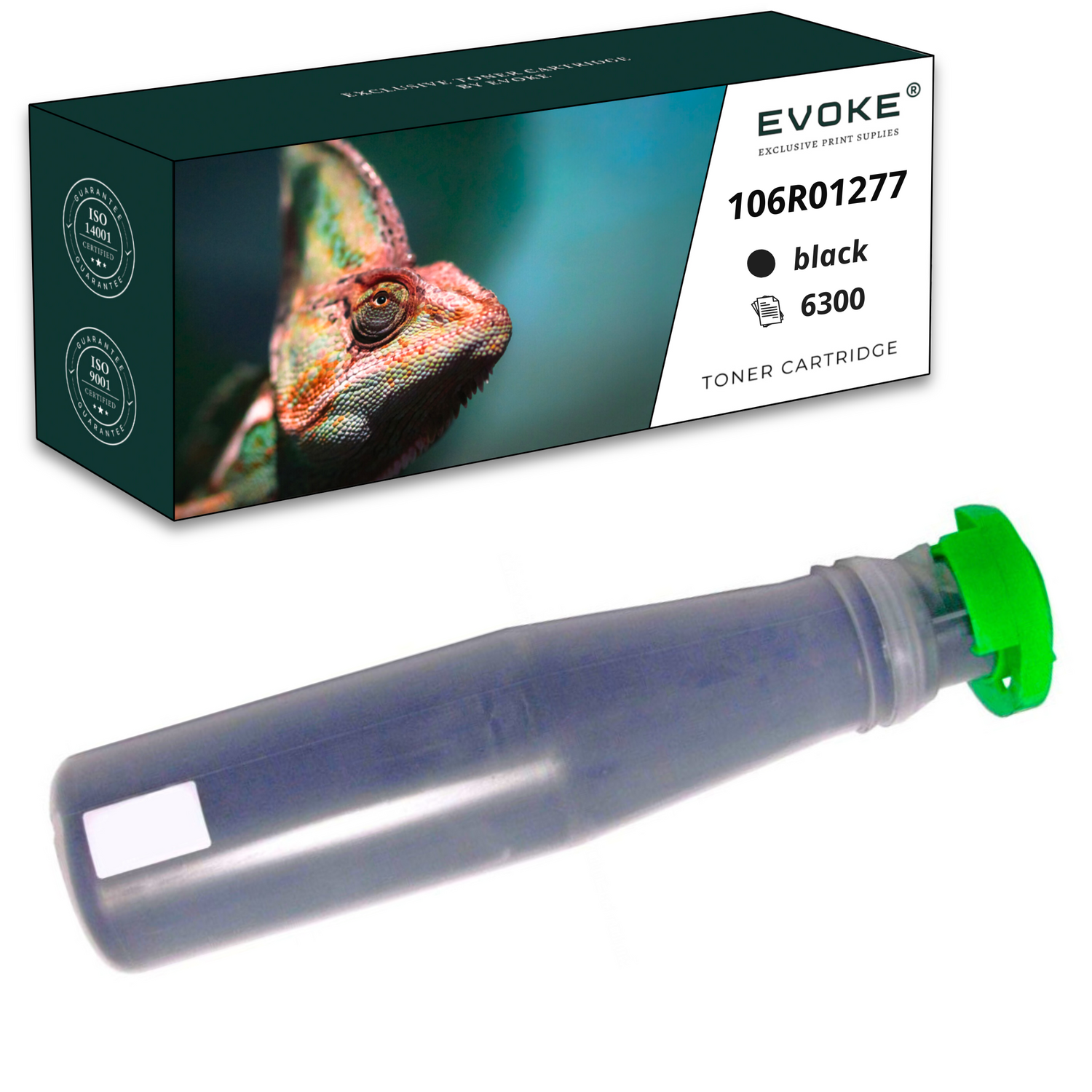 Wkład z tonerem z zieloną nasadką przed pudełkiem ze zdjęciem kameleona i tekstem: czarny wkład z tonerem.