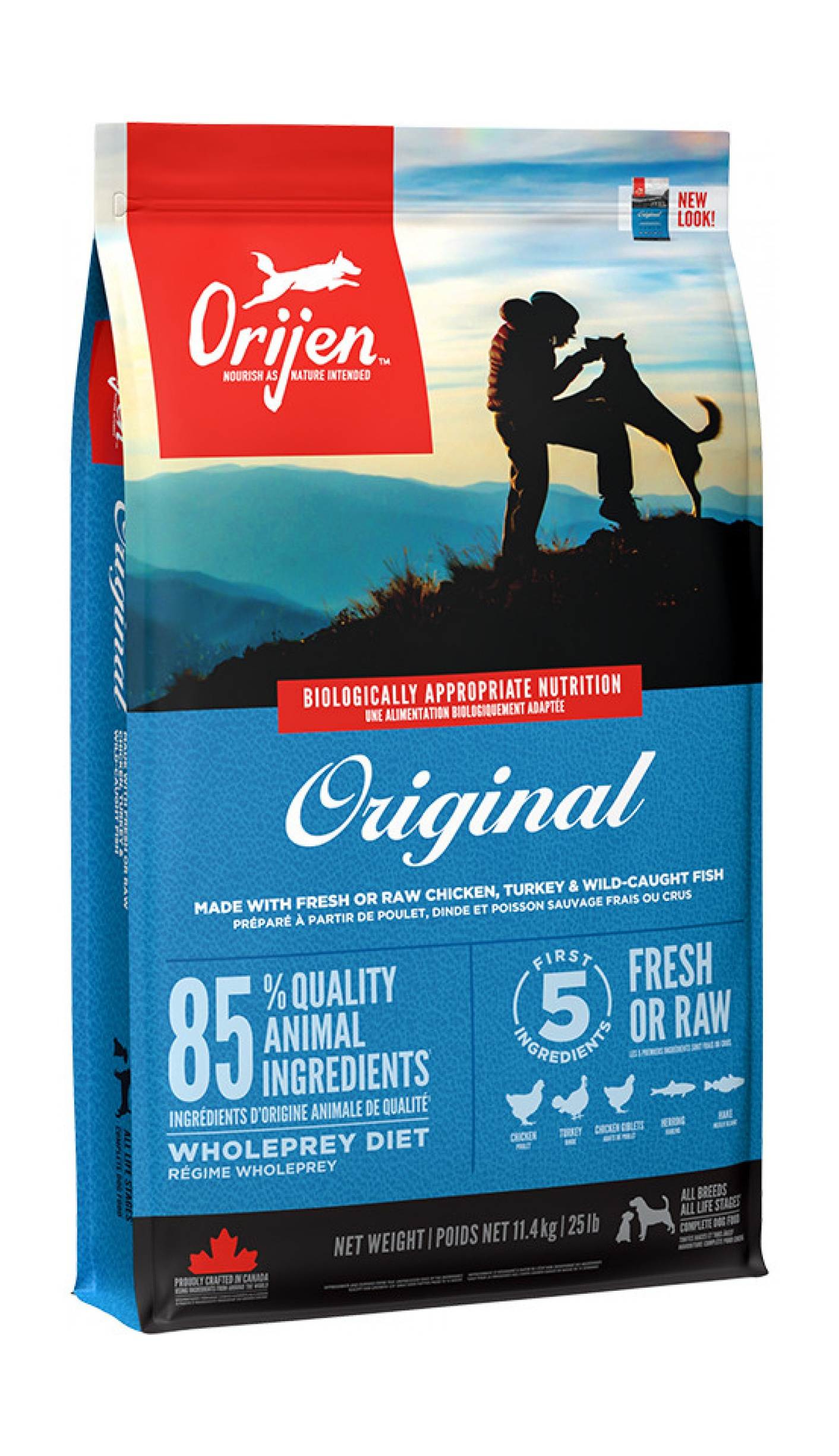 Torba z karmą dla psów. Przedstawia osobę głaszczącą psa na górze, z tekstem o składnikach i nazwie marki.