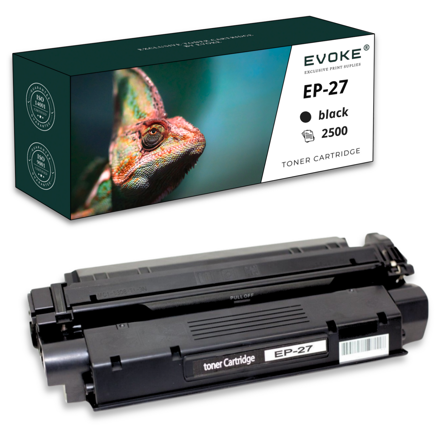 Obraz przedstawia wkład z tonerem i jego pudełko. Pudełko ma wizerunek kameleona i tekst: EP-27, czarny, 2500. Wkład jest czarny.