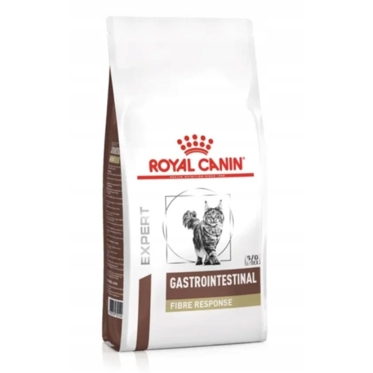 Biała torba karmy dla kotów Royal Canin, z napisem 'Gastrointestinal Fibre Response', z ilustracją kota.