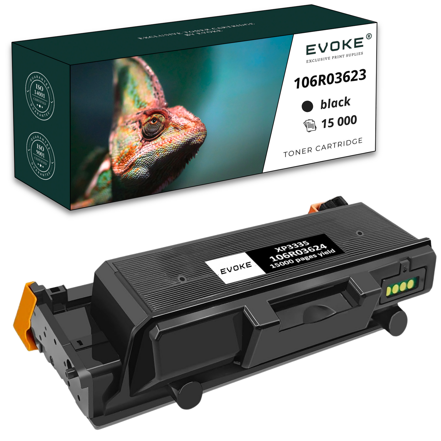 Pudełko z tonerem ze zdjęciem kameleona i czarnym wkładem poniżej. Tekst na pudełku: 'EVOKE', '106R03623 czarny'.