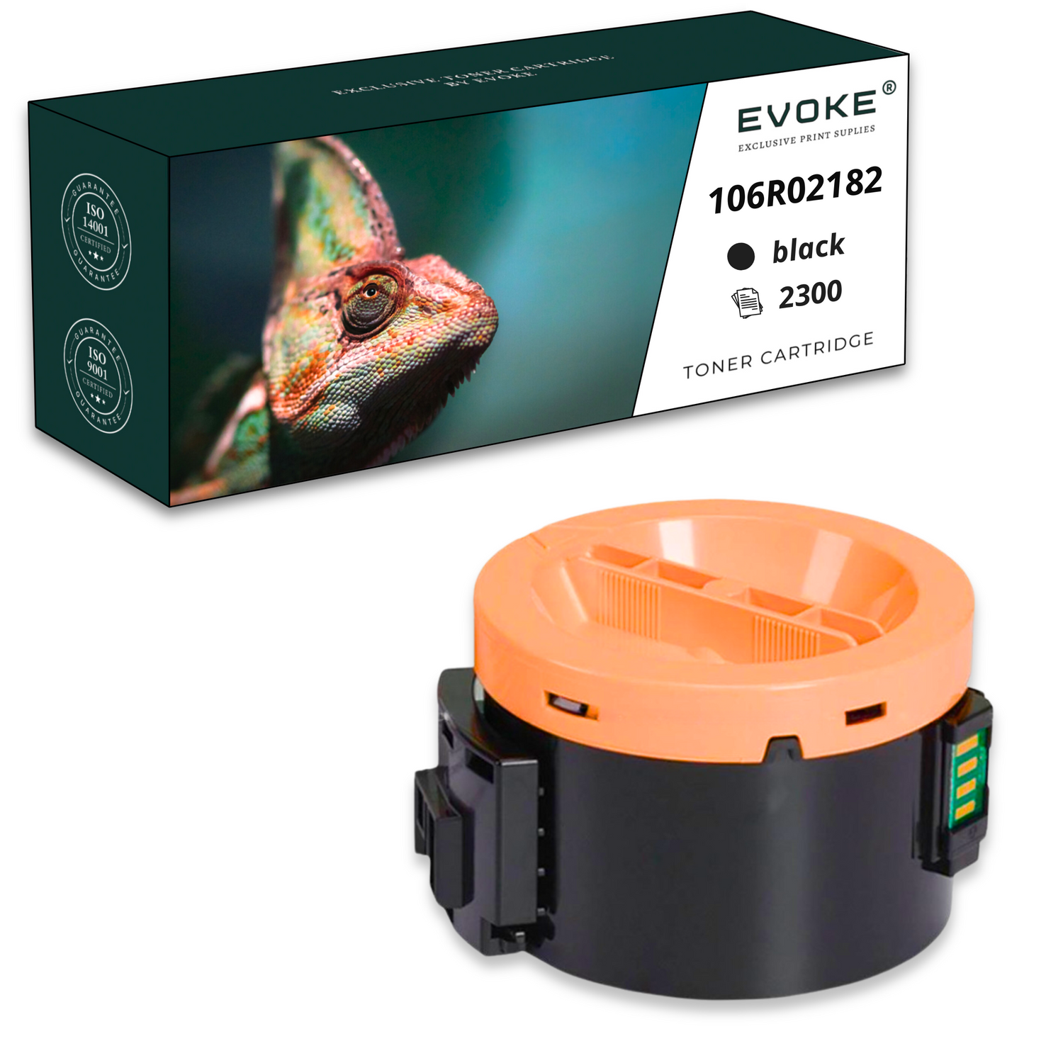 Wkład z tonerem z pudełkiem przedstawiającym kameleona. Wkład jest czarny i pomarańczowy. Pudełko pokazuje szczegóły produktu.