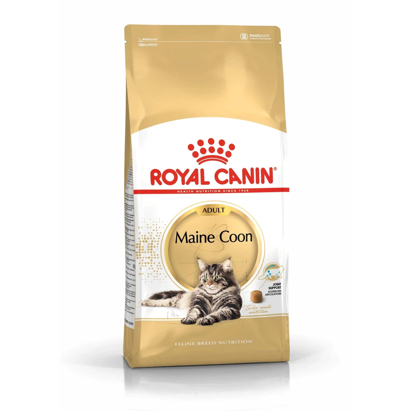 Złota torba karmy dla kotów Royal Canin Adult Maine Coon. Torba zawiera zdjęcie kota Maine Coon i szczegóły produktu.