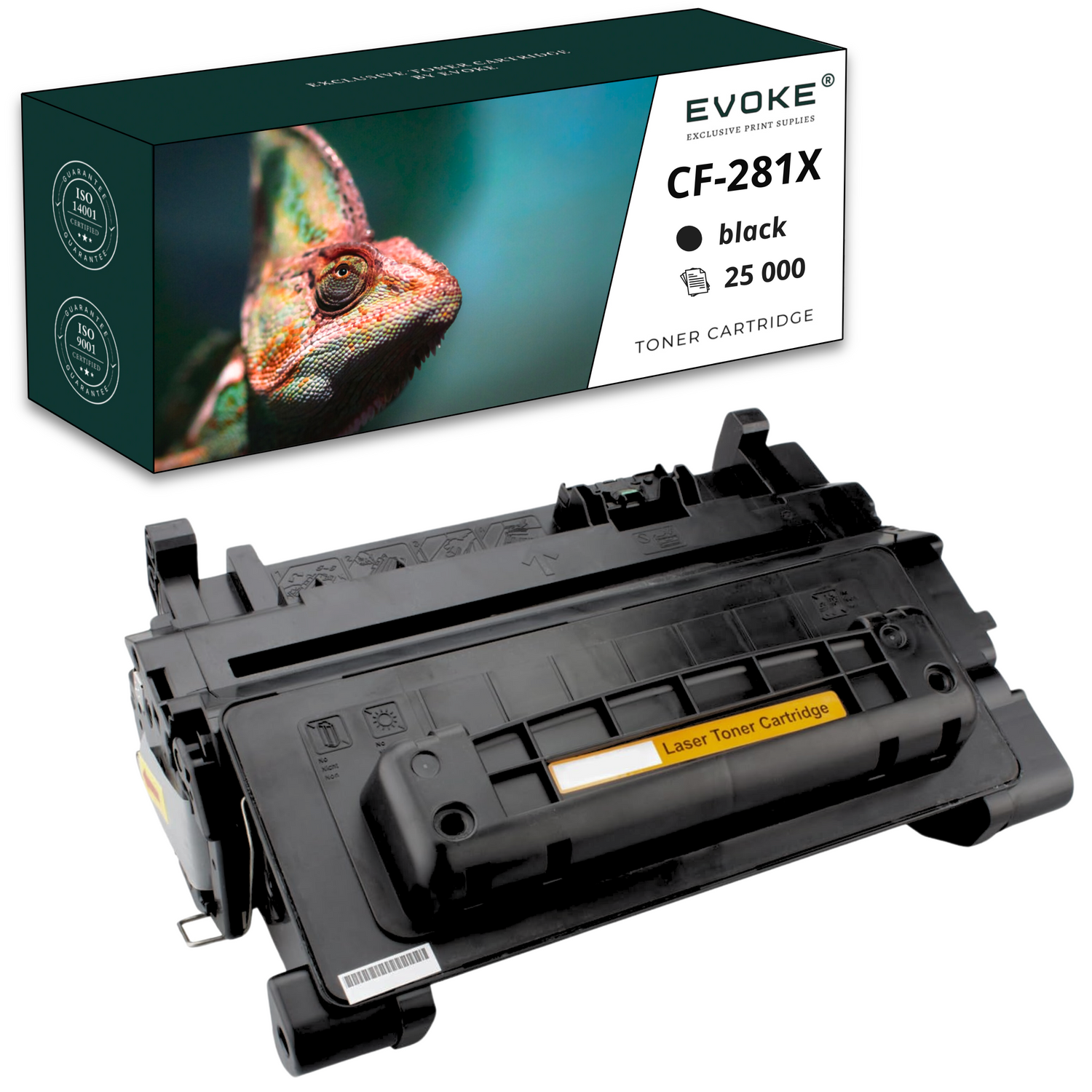Czarny wkład do tonera i pudełko ze zdjęciem kameleona. Na pudełku napis 'CF-281X black 25 000 toner cartridge'.