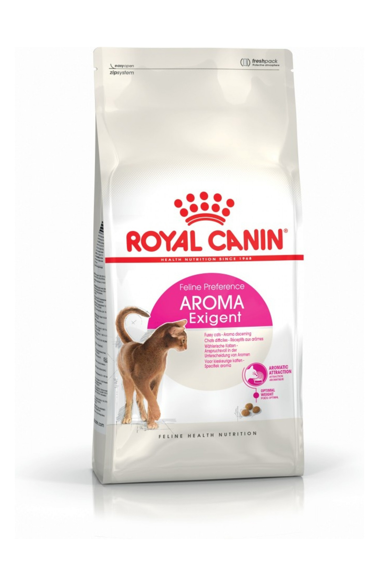 Torba z karmą dla kotów z ilustracją kota. Marka to Royal Canin. Jest przeznaczona dla wybrednych kotów z preferencją aromatu. Tło jest białe.