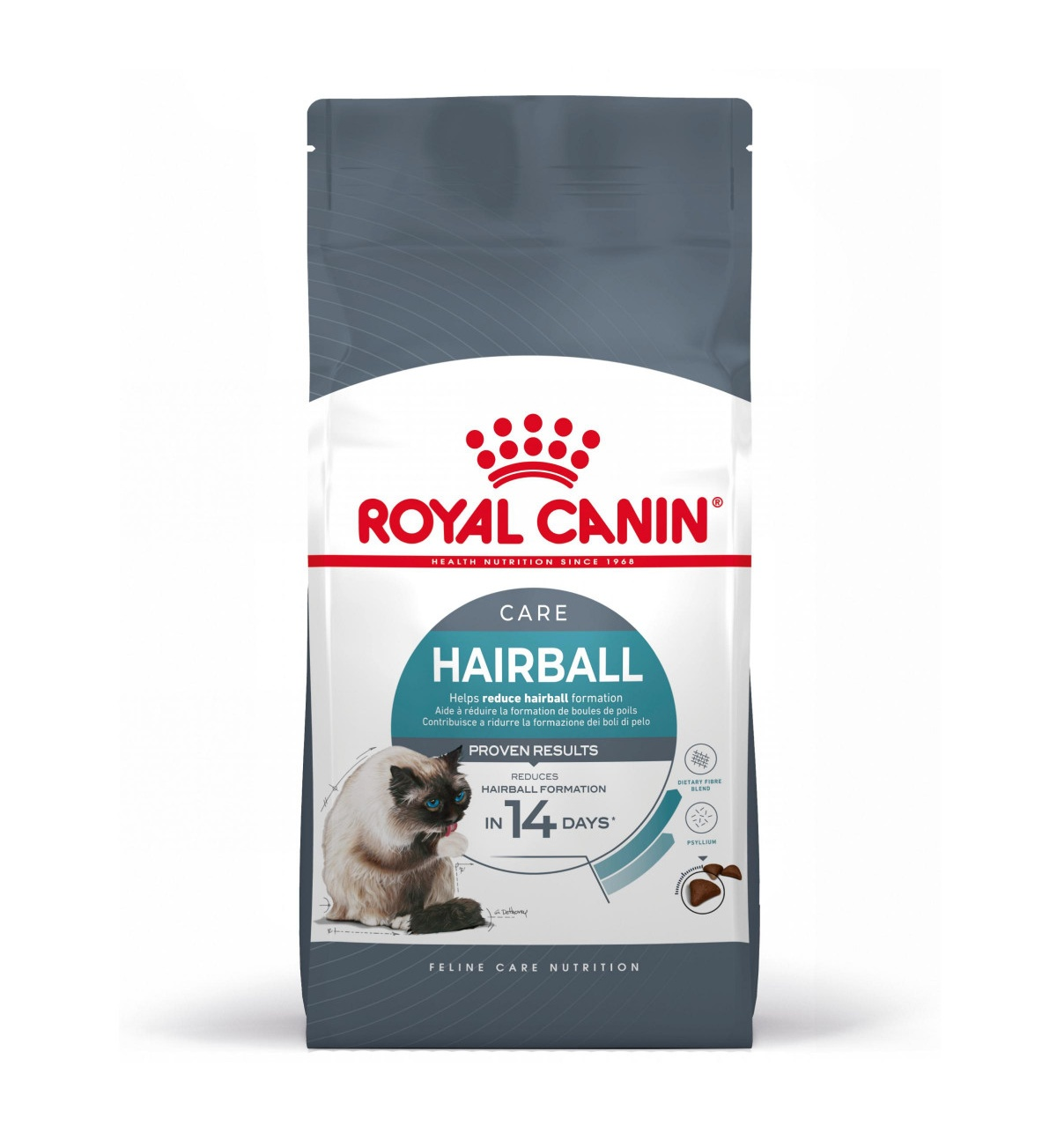 Torba z karmą dla kotów. Torba jest niebieska, biała i czerwona. Napis „Royal Canin” i „Hairball” ze zdjęciem kota.