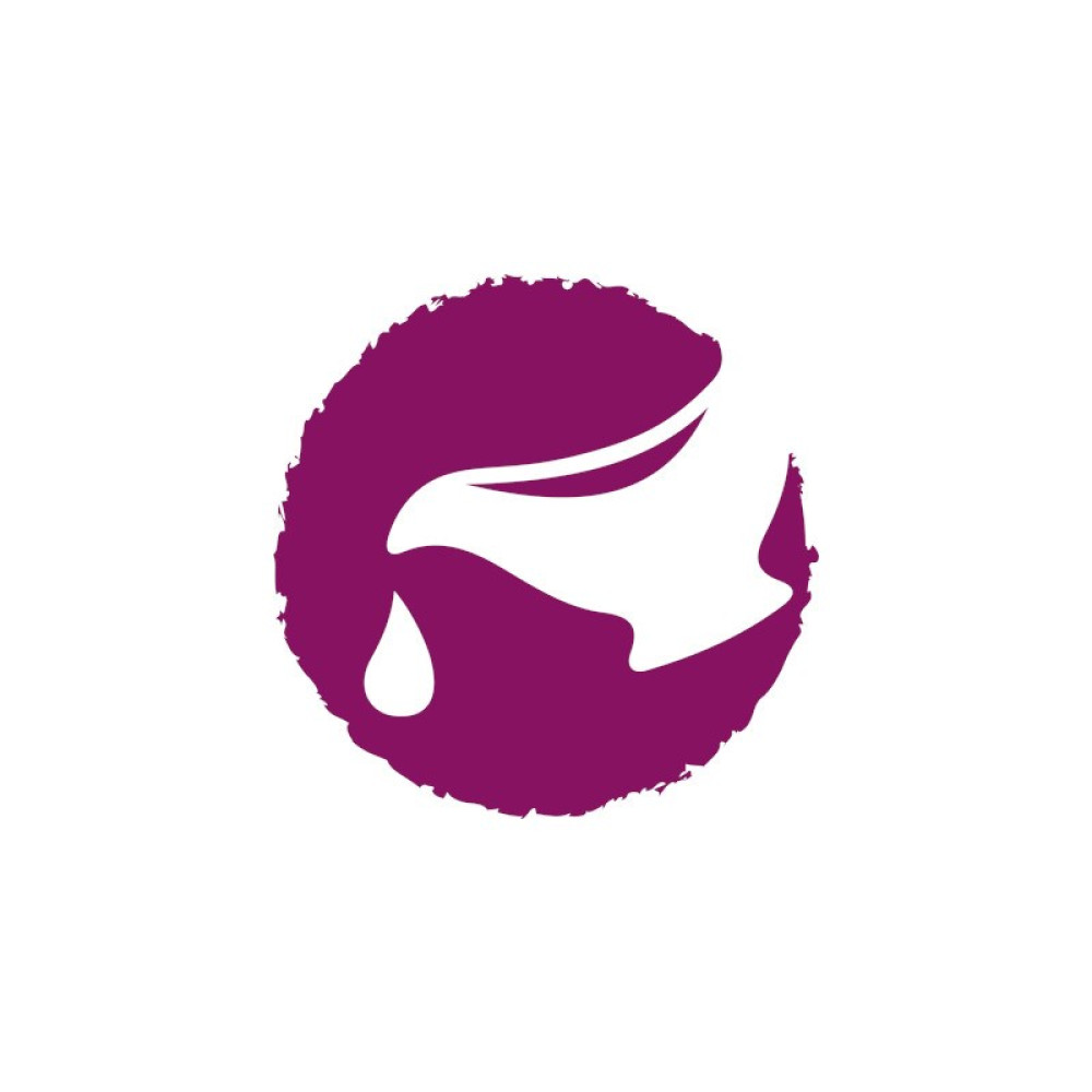 Logotipo de una cara blanca con una lágrima, dentro de un círculo morado oscuro sobre fondo blanco.