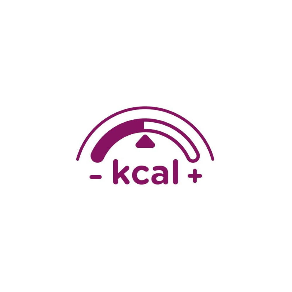 Un medidor de kcal morado. Tiene un indicador curvo, un puntero triangular y texto de kcal. El medidor muestra un valor menor a la mitad.