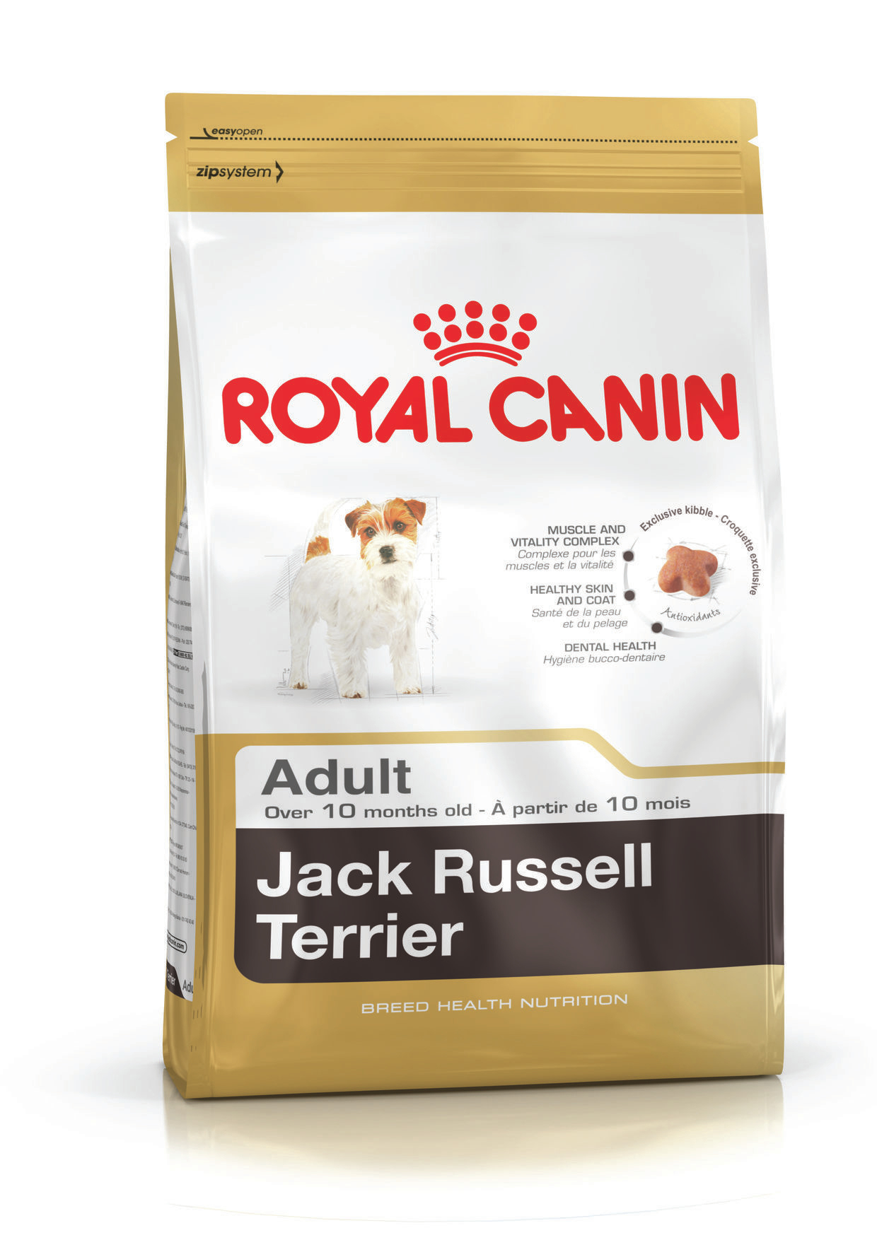 Torba karmy dla psów. Zawiera wizerunek Jack Russell Terriera. Tekst: 'Royal Canin', 'Adult' i 'Jack Russell Terrier'.