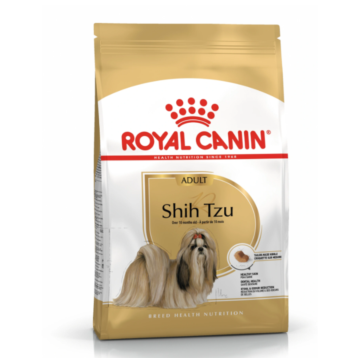 Torba karmy dla psów. Złota i biała z logo "Royal Canin". Zawiera obraz Shih Tzu i informacje o produkcie. Twierdzenia: zdrowa skóra, zdrowie zębów, redukcja stolca.
