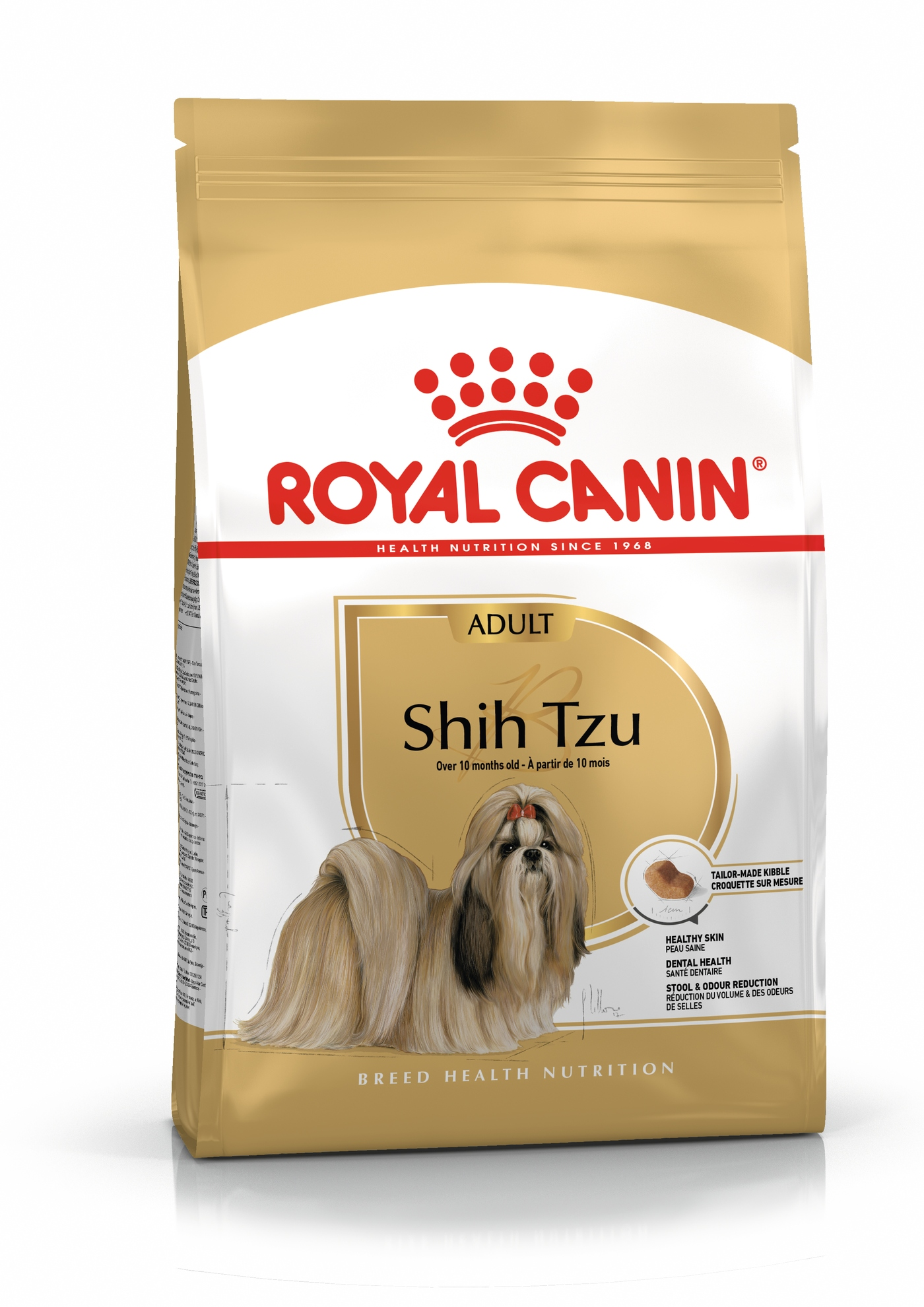Torba karmy dla psów. Zawiera psa Shih Tzu, markę 'Royal Canin' i szczegóły produktu.