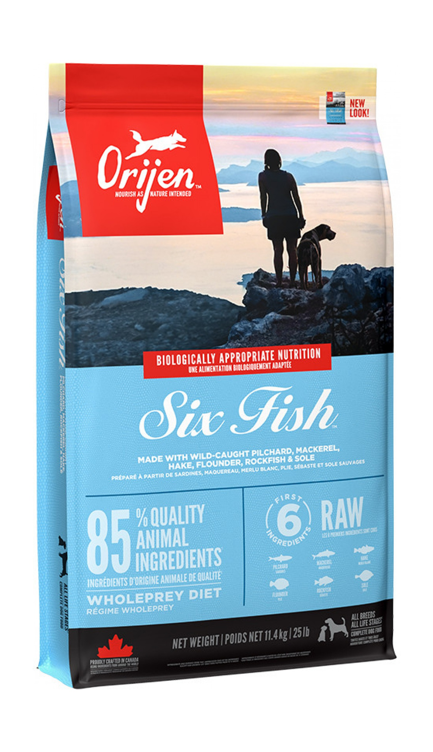 Torba z karmą dla psów z kobietą i psem na wzgórzu. Zawiera słowa 'Six Fish' i 'Orijen'.