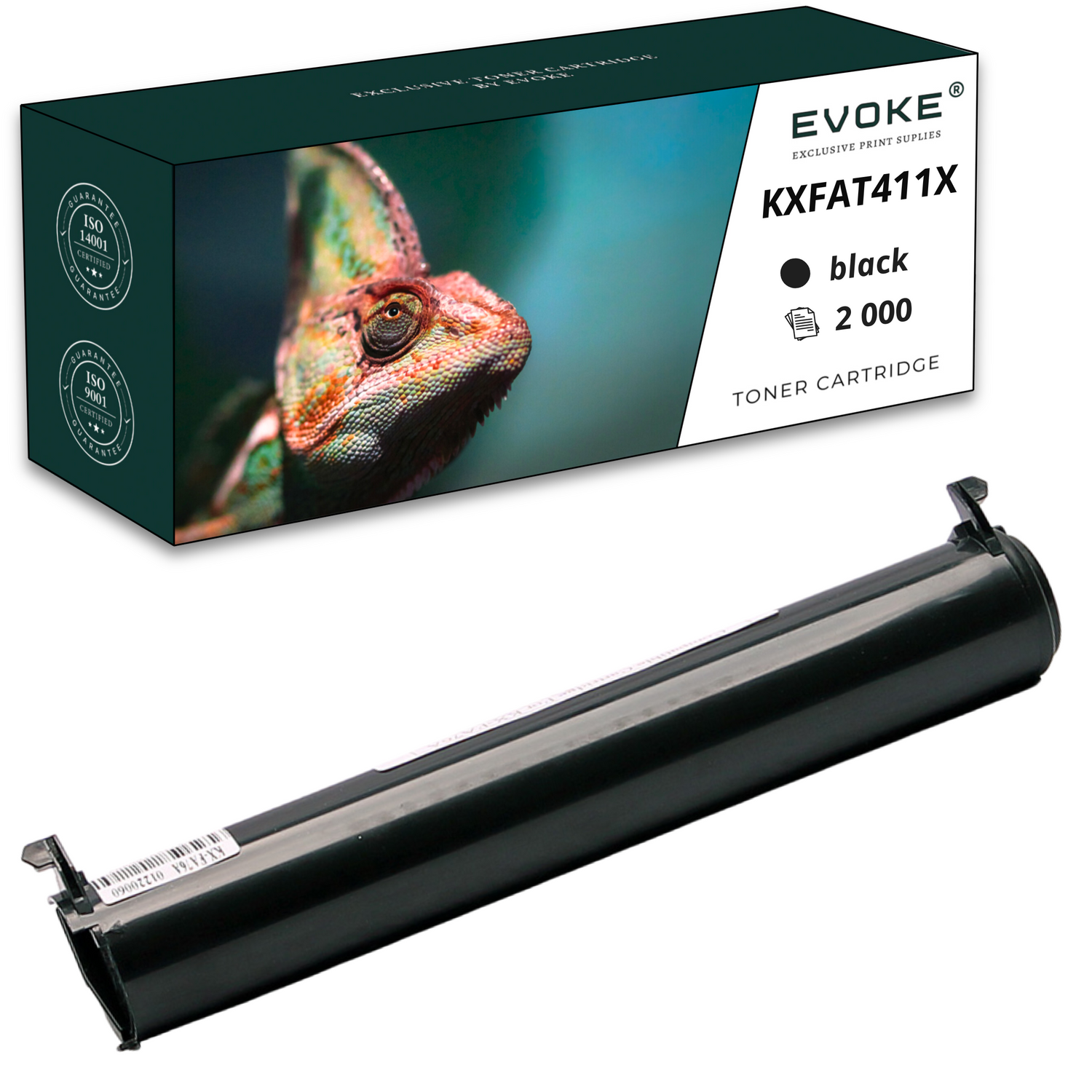 Pokazano wkład z tonerem i jego pudełko. Pudełko zawiera wizerunek kameleona. Toner jest czarny.