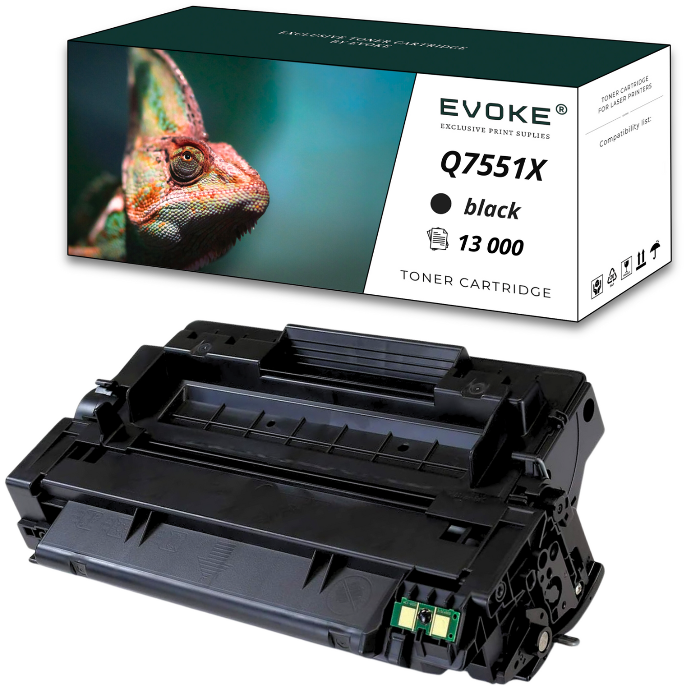 Pudełko z tonerem ze zdjęciem kameleona i czarny toner poniżej. Na pudełku napis 'EVOKE' i 'Q7551X black'.