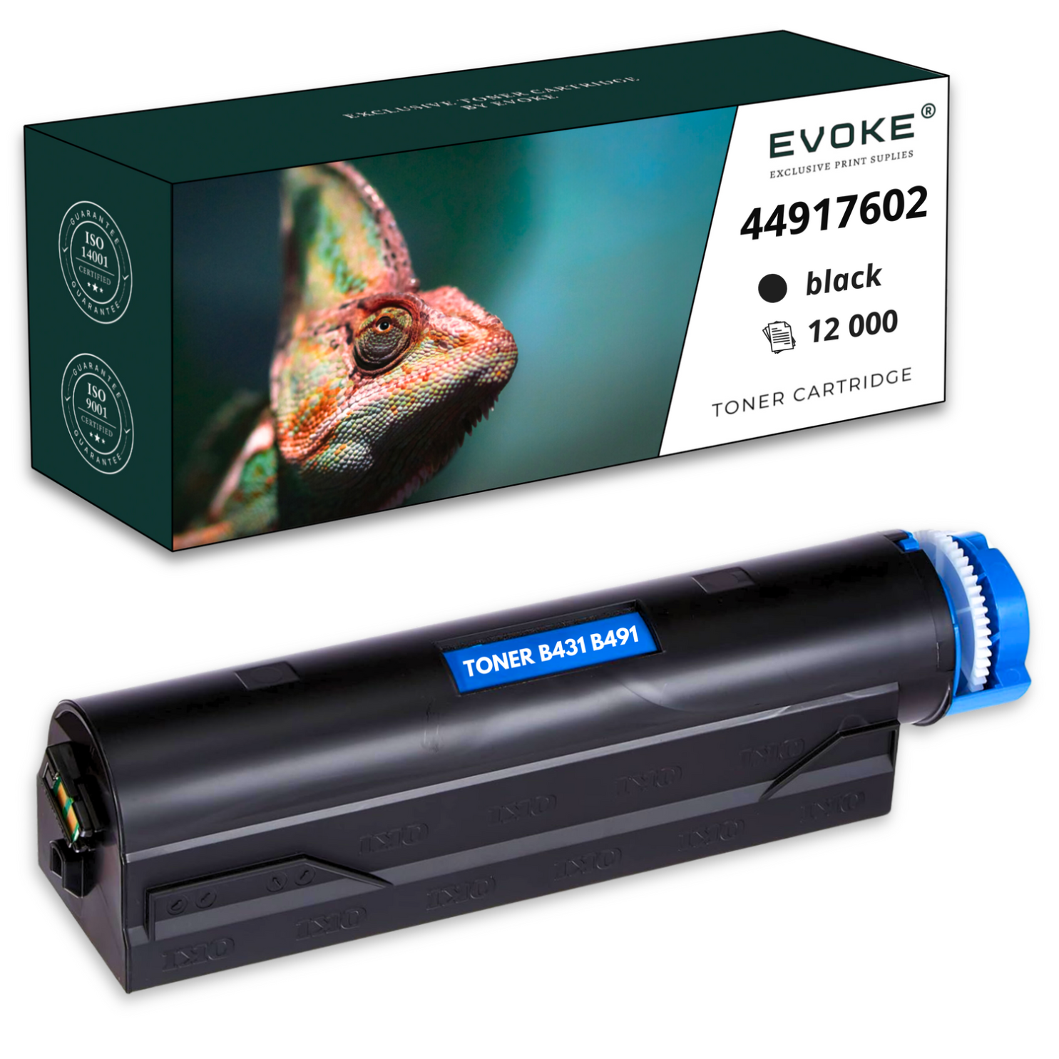 Pudełko z tonerem i sam wkład. Pudełko zawiera wizerunek kameleona i szczegóły produktu. Wkład jest czarny z niebieskimi akcentami.