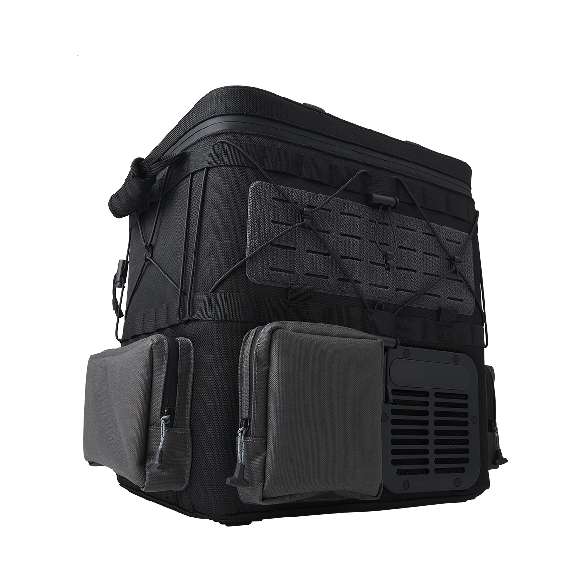 Zaino tattico nero con più scomparti, tasche grigie e un pannello di ventilazione. Caratterizzato da cinghie e maniglia superiore.