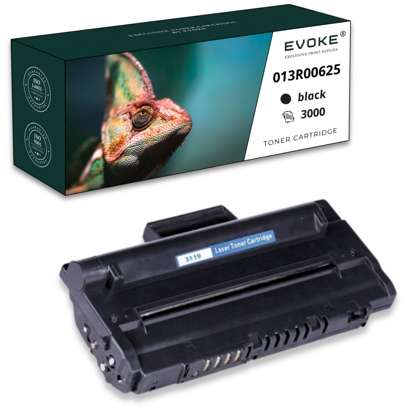 Pokazano kasetę z tonerem i jej pudełko. Na pudełku znajduje się wizerunek kameleona. Kaseta jest czarna.
